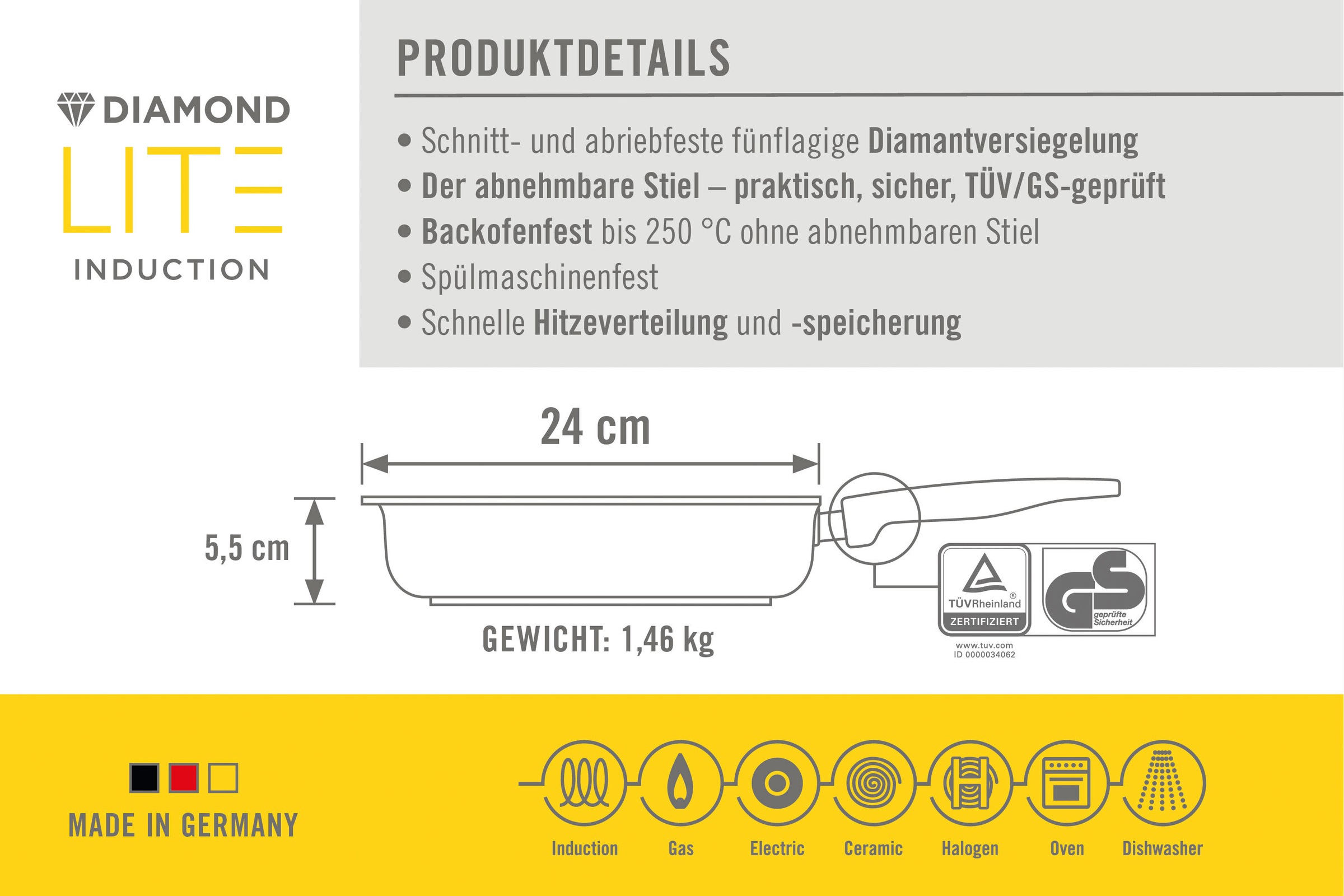 WOLL MADE IN GERMANY Bratpfanne »Diamond Lite«, Aluminium, (Set, 3 tlg.), Induktion, inkl. Spritzschutz, abnehmbarer Stiel, Made in Germany