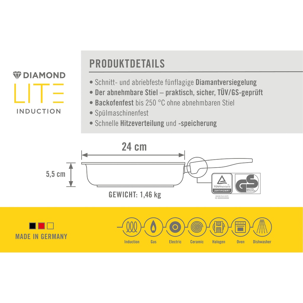 WOLL MADE IN GERMANY Bratpfanne »Diamond Lite«, Aluminium, (Set, 3 tlg.)