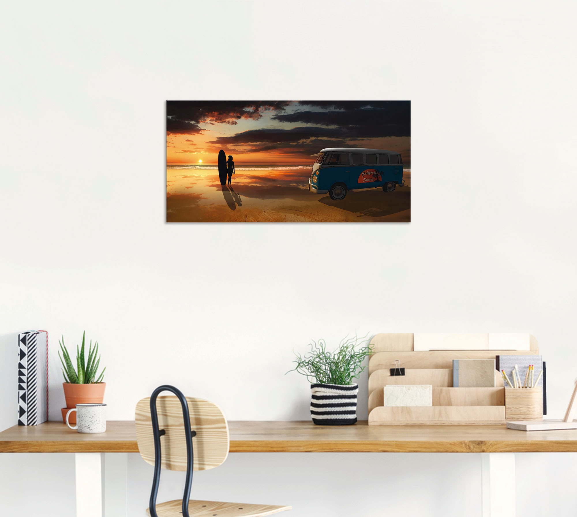 Artland Wandbild »Surfen in Kalifornien mit Bulli T1«, Küste, (1 St.), als Alubild, Outdoorbild, Leinwandbild, Poster, Wandaufkleber