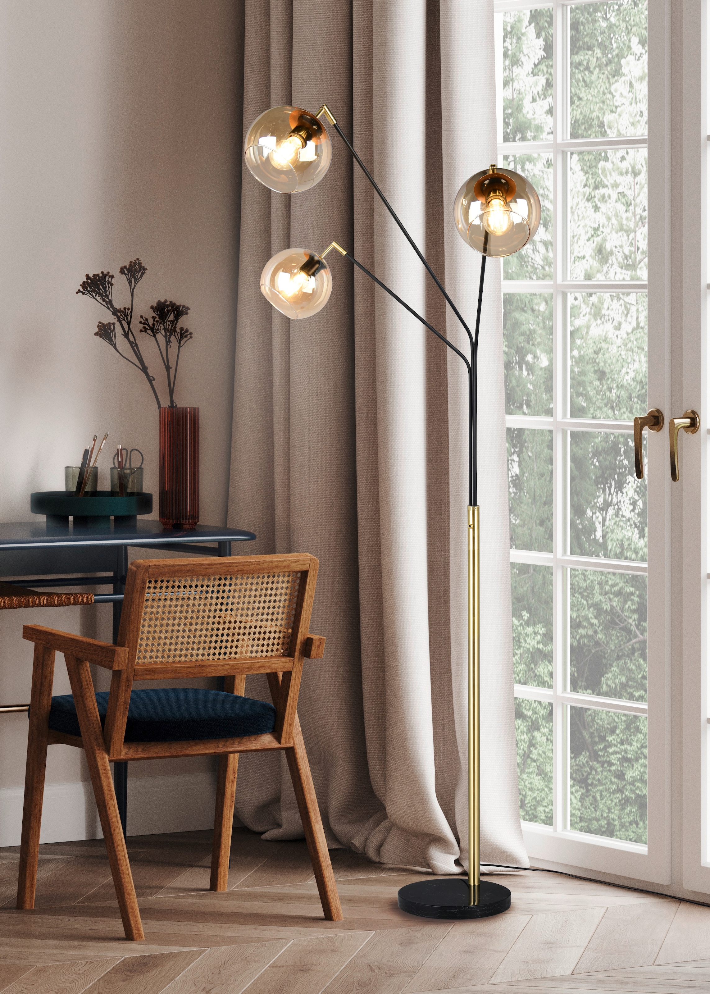 TRIO Leuchten Stehlampe »PAXTON, dreiflammige Stehleuchte, Glas Lampenschirme, Arme verstellbar«, 3 flammig, Leuchtmittel E27 | Leuchtmittel wechselbar, exkl. 3x E27 max 10W, Höhe 200cm Breite 67cm, Kippschalter, 2m Kabel