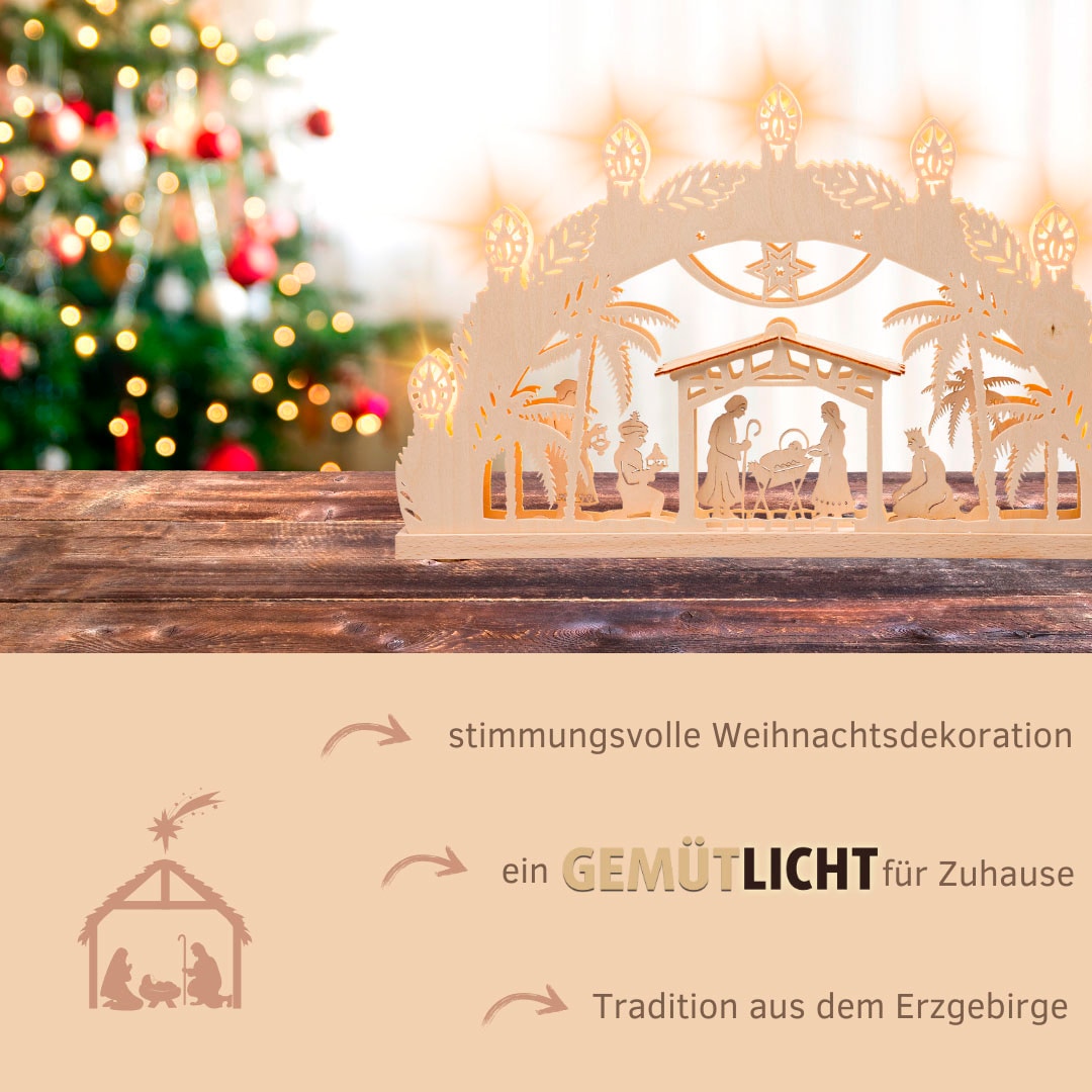 Weigla LED Schwibbogen »Bethlehem, Lichterbogen aus Holz, NATUR, Christi Geburt«, Erzgebirge garantiert, Weihnachtsdeko Innen, Weihnachtsbeleuchtung