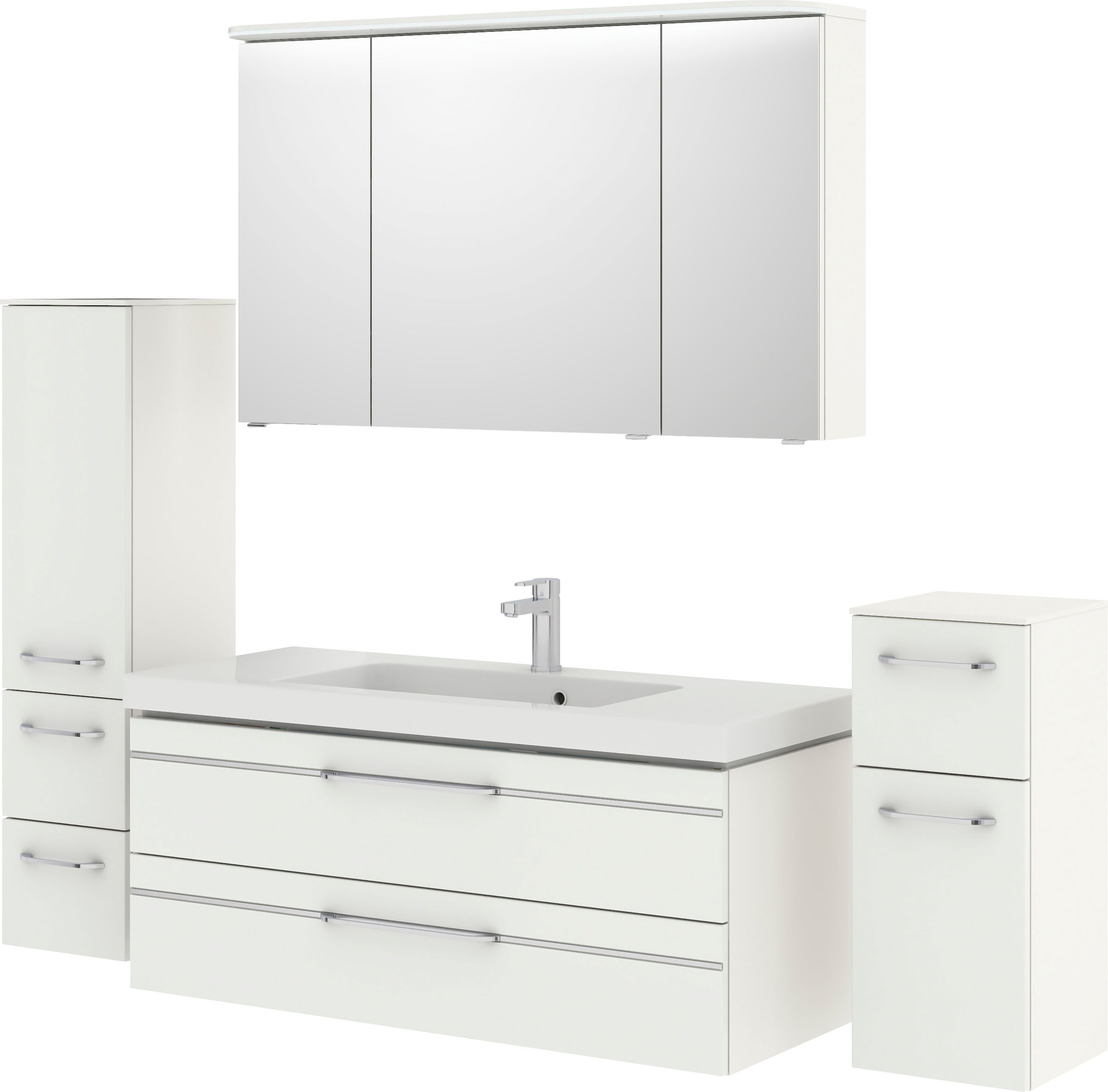 Saphir Badmöbel-Set »Balto Sprint 4-teilig, Mineralmarmor-Waschtisch mit LED-Spiegelschrank«, (5 St.), Unterschrank, Midischrank, inkl. Türdämpfer, 5 Türen, 5 Schubladen