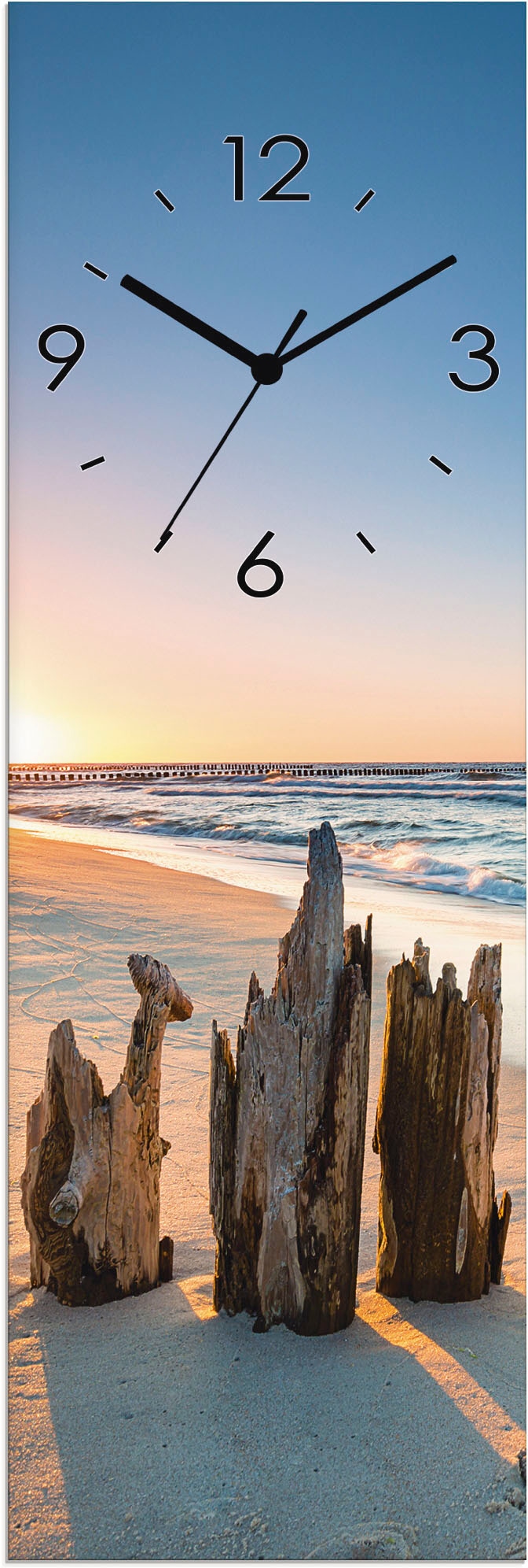 Artland Wanduhr "Glasuhr Sonnenuntergang Strand Wellenbrecher", wahlweise mit Quarz- oder Funkuhrwerk, lautlos ohne Tick