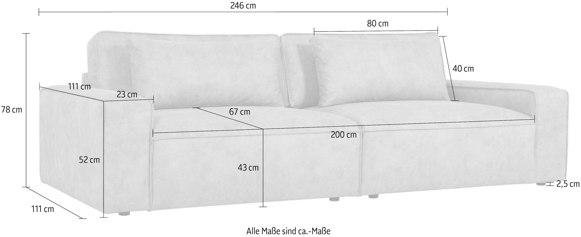 OTTO home 3-Sitzer »Mittel« Breite 245 cm, bodentief, extra Kissen inkl., tiefe Sitzfläche