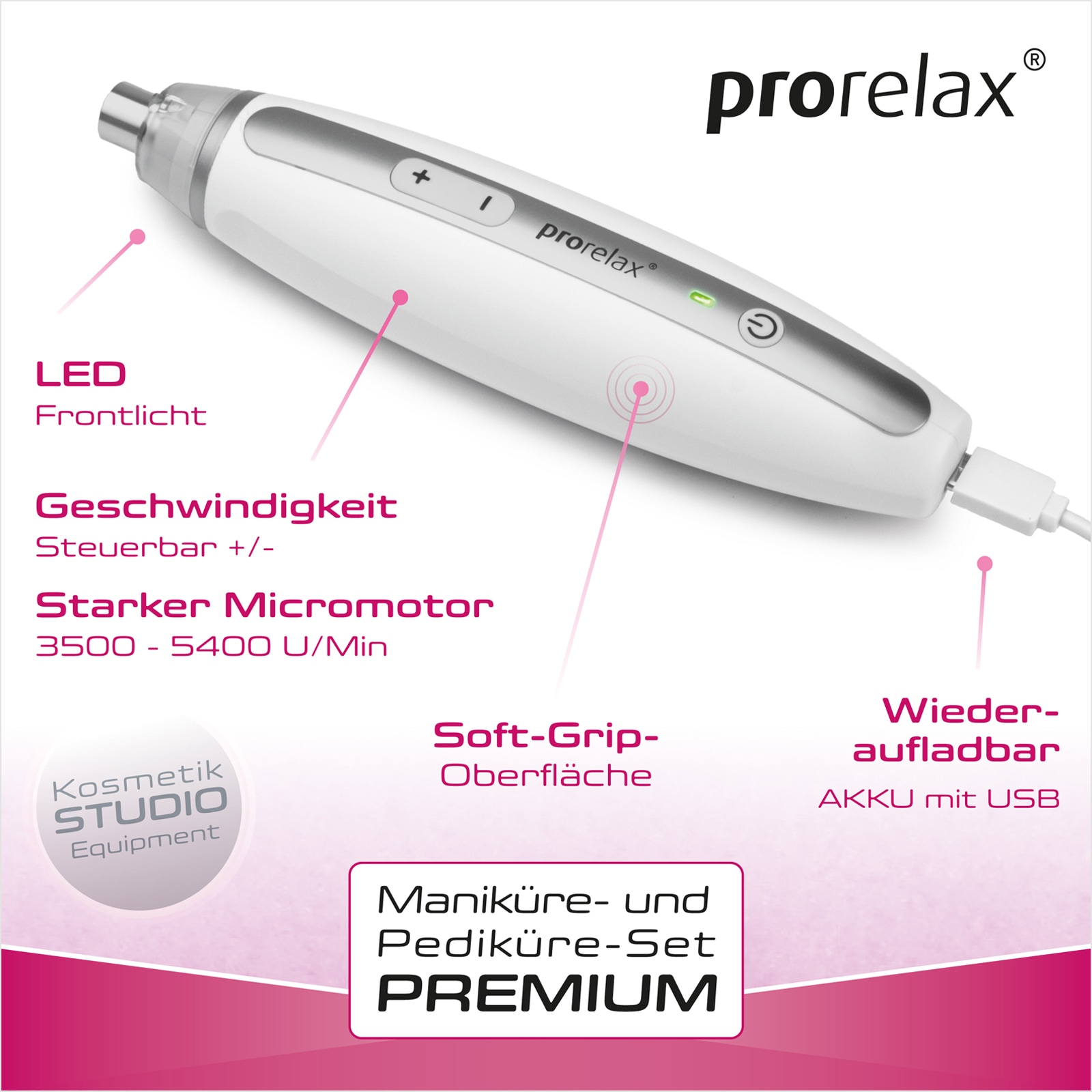 prorelax Maniküre-Pediküre-Set »121174 Premium«, 10 Aufsätze, Akkubetrieben