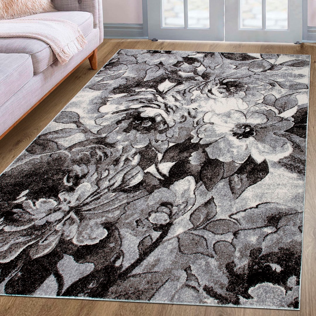 Teppich OTTO HOME "Almrose" Gr. 6, grau, B:200cm H:9mm L:300cm, Kunstfaser, Teppiche, Teppich, mit besonders weichem Flor, Blumen Muster, florales Design, Kurzflor