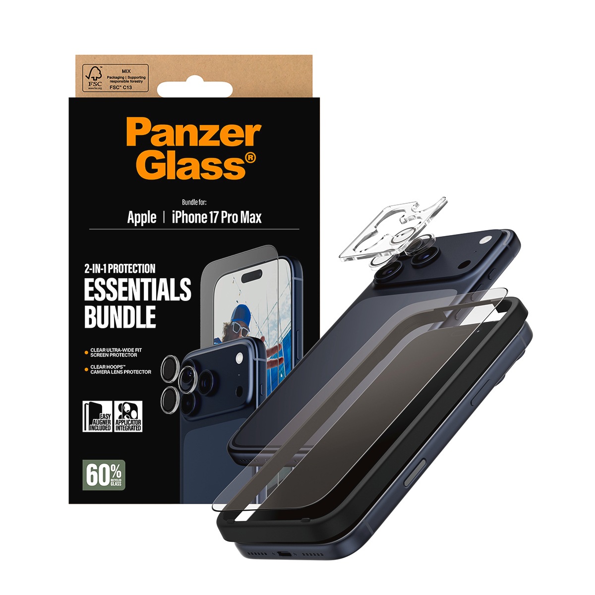 CARE by PanzerGlass Displayschutzglas »2-in-1 Protection Essentials Bundle«, für Apple iPhone 17 Pro Max, Displayschutzfolie, Schutzfolie, Bildschirmschutz, kratz- & stoßfest