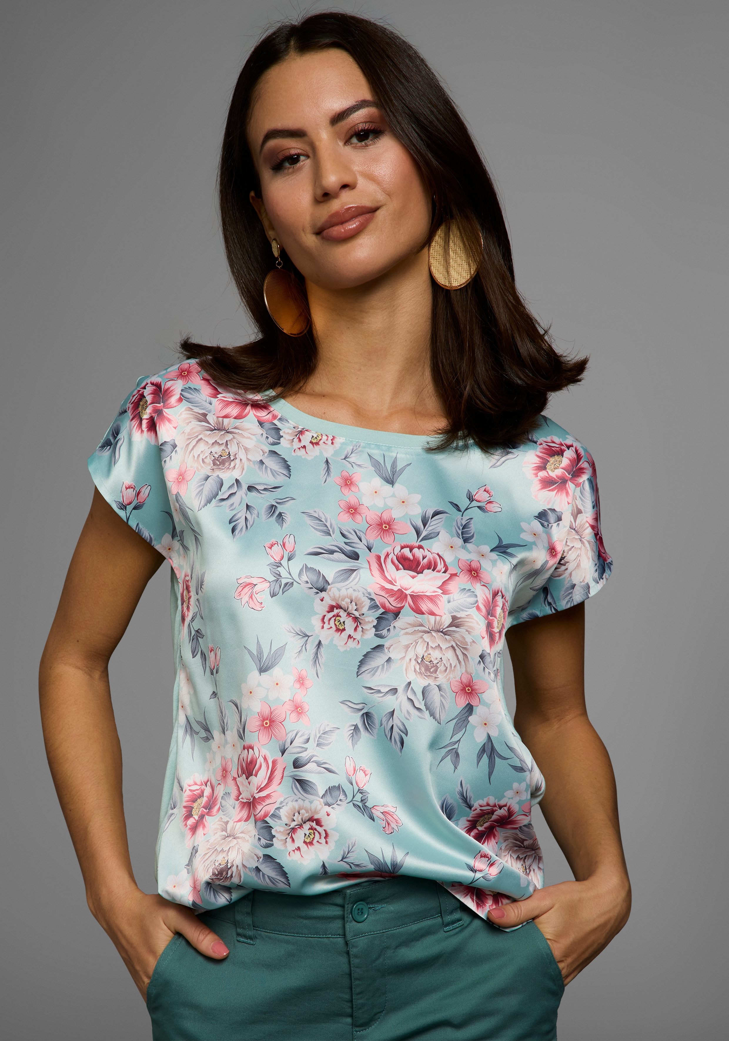 Laura Scott Shirtbluse "im Materialmix mit Satin, verschiedene Muster für jeden Geschmack," femininer Stil, Rundhalsausschnitt, lockere Passform