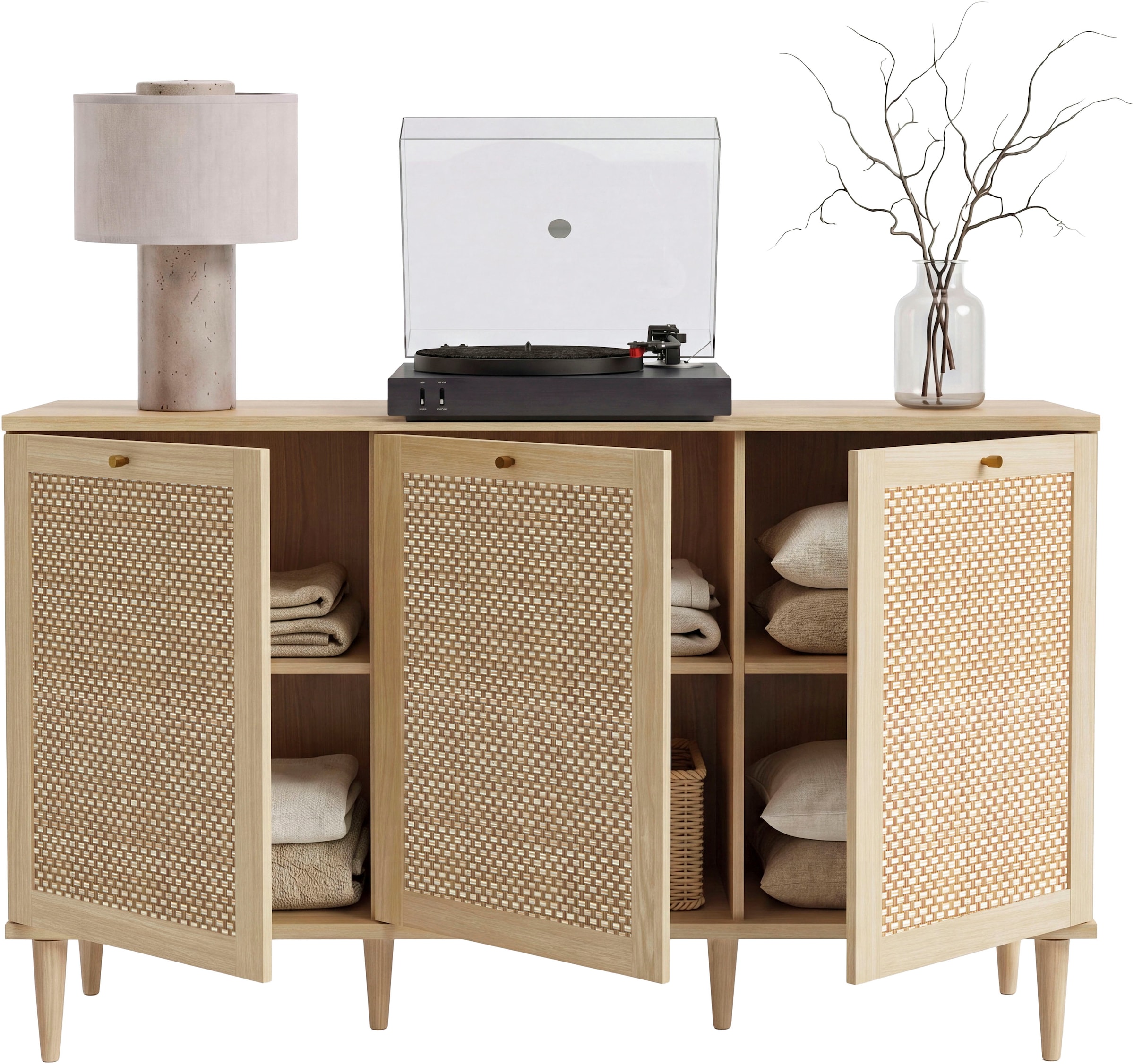 OTTO home Sideboard »ELLIAN mit  Wiener Geflechtoptik, 3 Türen, Boho Stil, Vintage« Holzfüße, Metallgriffe, Made in EU, viel Stauraum, FSC® zertifiziert
