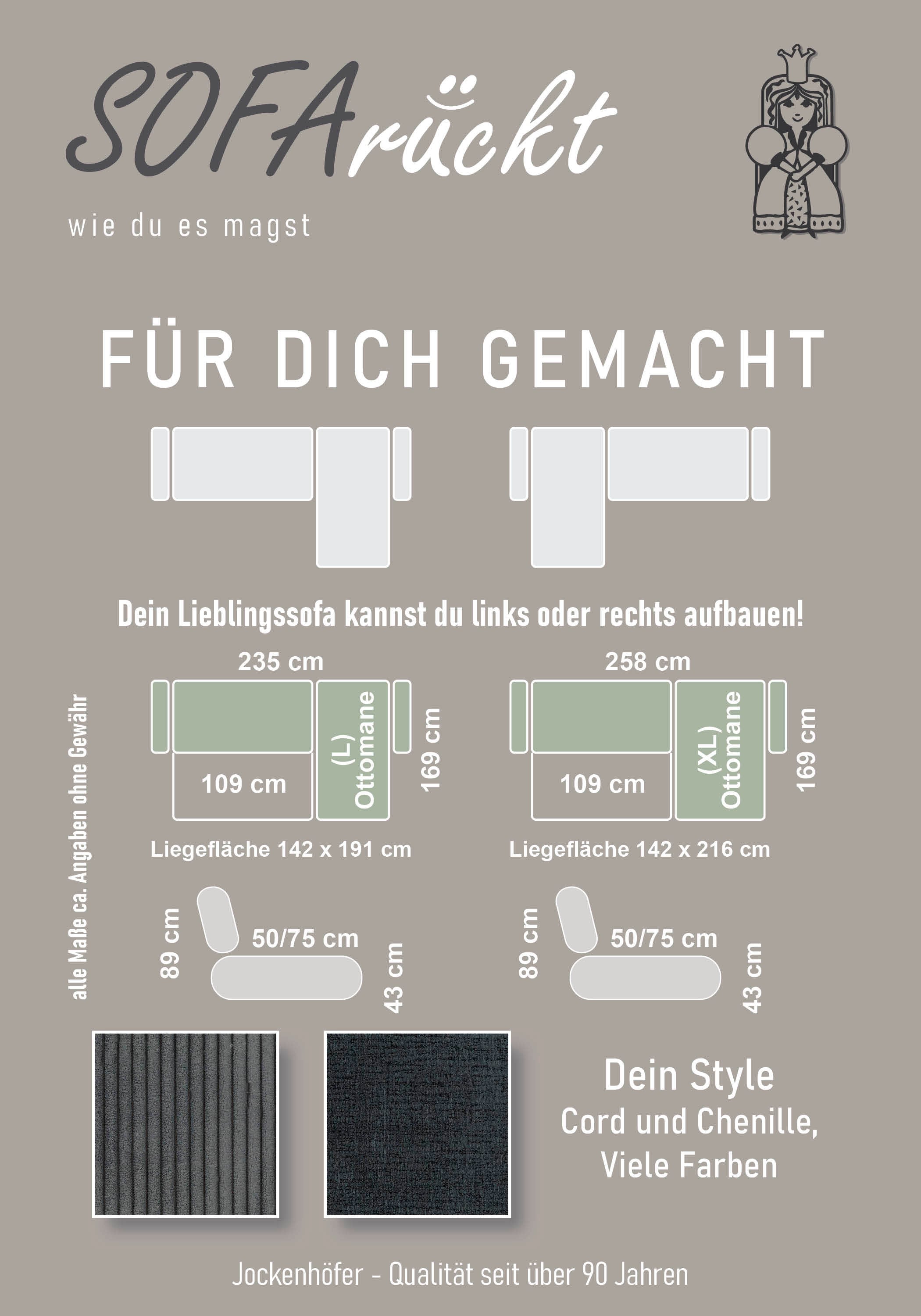 Jockenhöfer Gruppe Ecksofa »Elmau, L-Form, Breite 235cm«, inkl. Bettfunktion, Bettkasten, Ottomane links/rechts montierbar