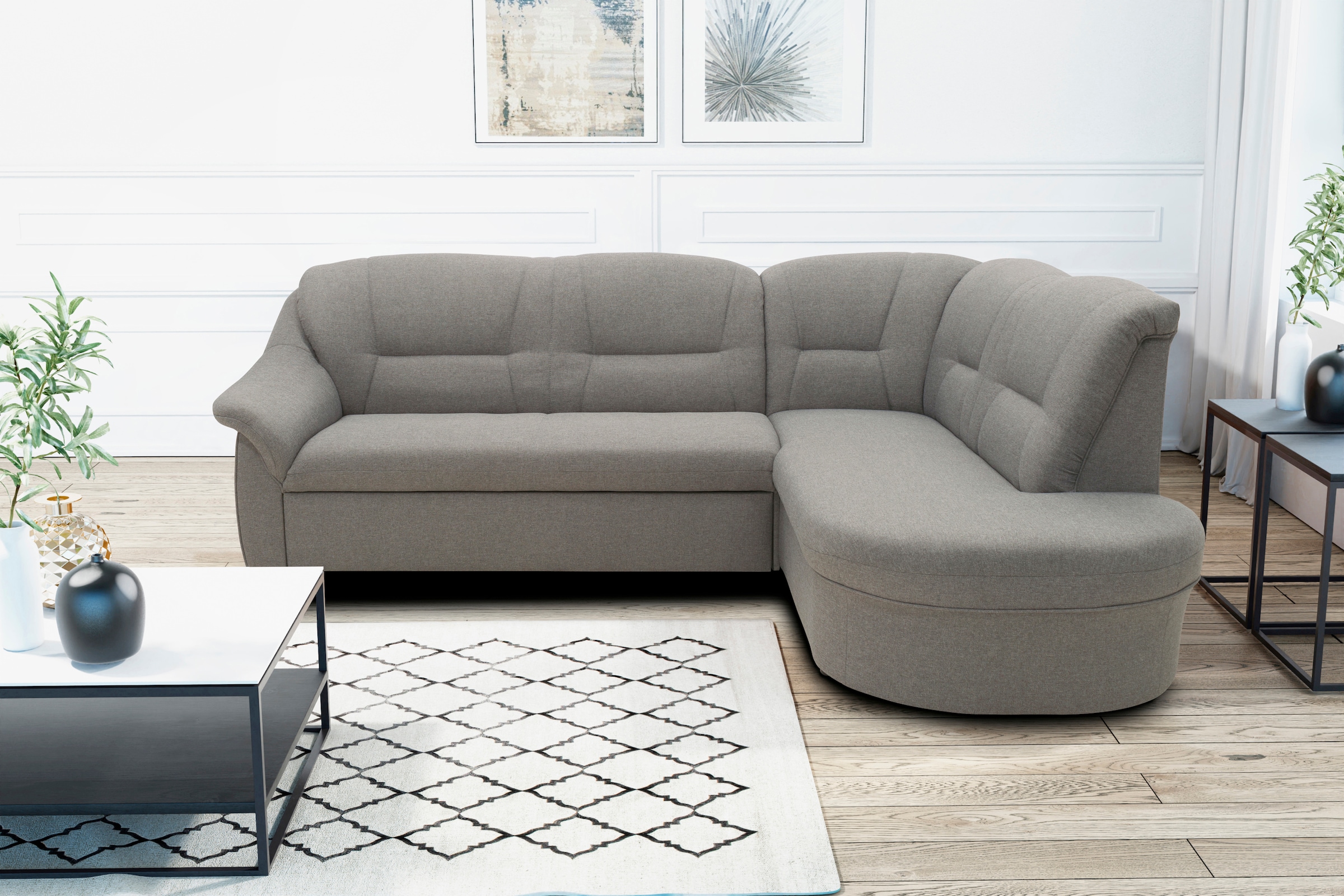 DOMO collection Ecksofa »Faenza für kleine Räume, Stellmaße 232,176cm, komfortabel, L-Form«, mit Ottomane, zeitlos, elegante Armlehnen, wahlweise mit Bettfunktion