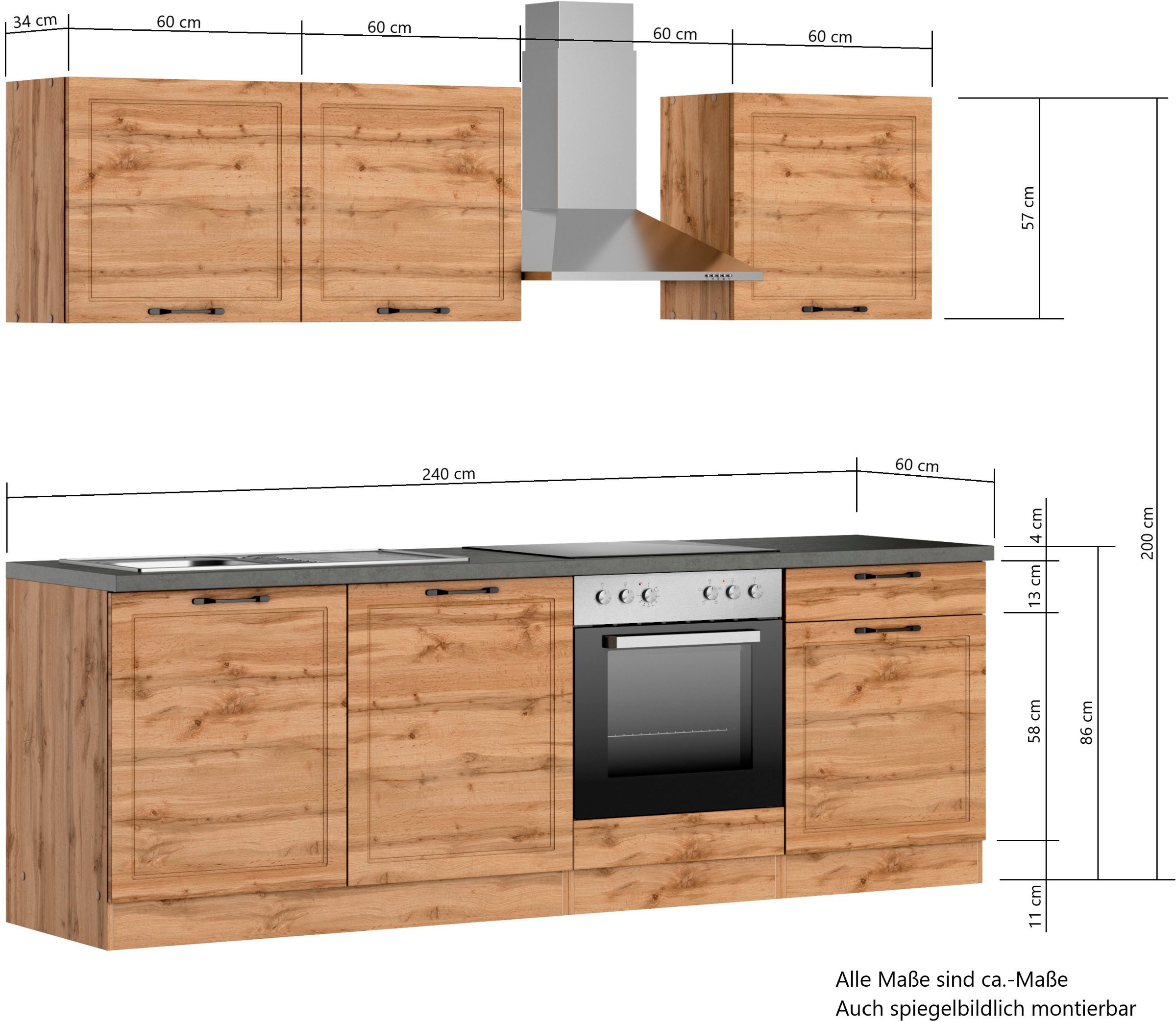 KOCHSTATION Küchenzeile »KS-Lani, mit MDF-Fronten«, Breite 240 cm, wahlweise mit E-Geräten, Höhen-Ausgleichsfüße 0-4 cm