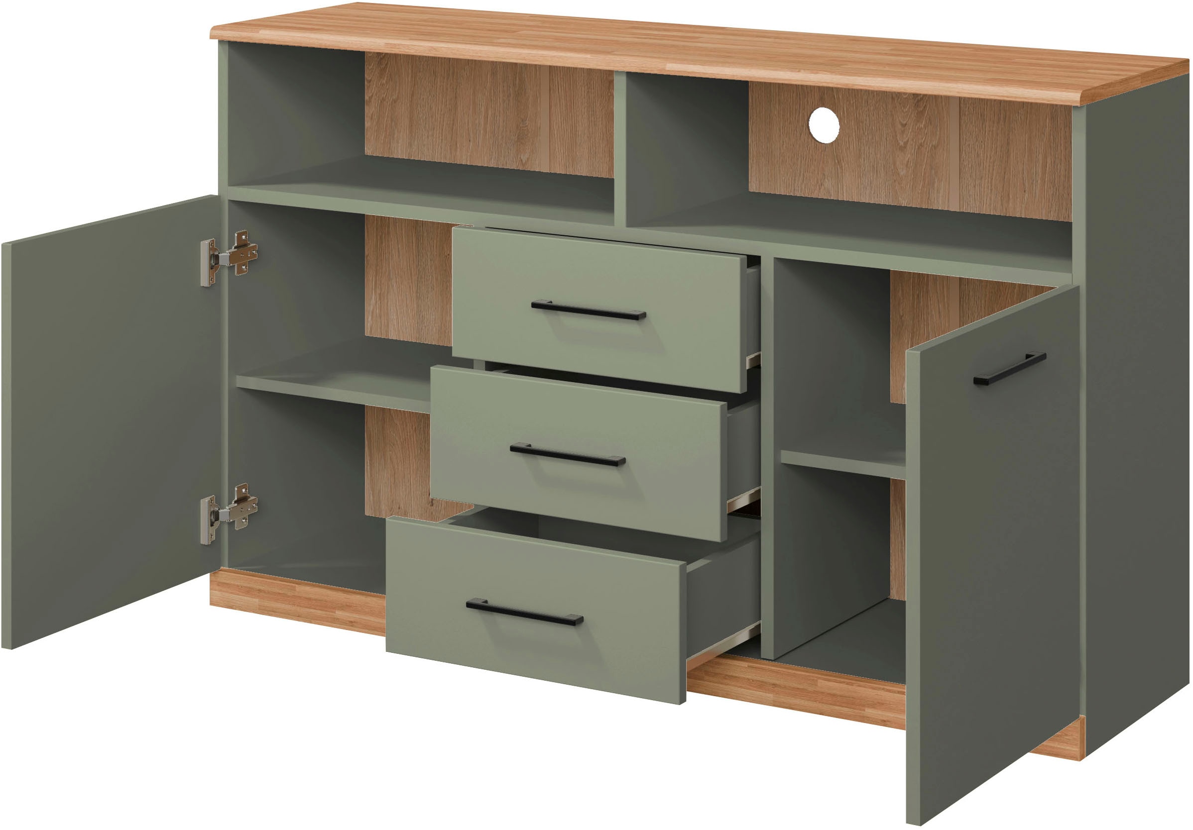 Home affaire Sideboard »Ribe,130cm breit,80cm hoch,Türen und Schubladen,6 Fächer«, Oberplatte Eiche massiv,schwarze Metall Griffe