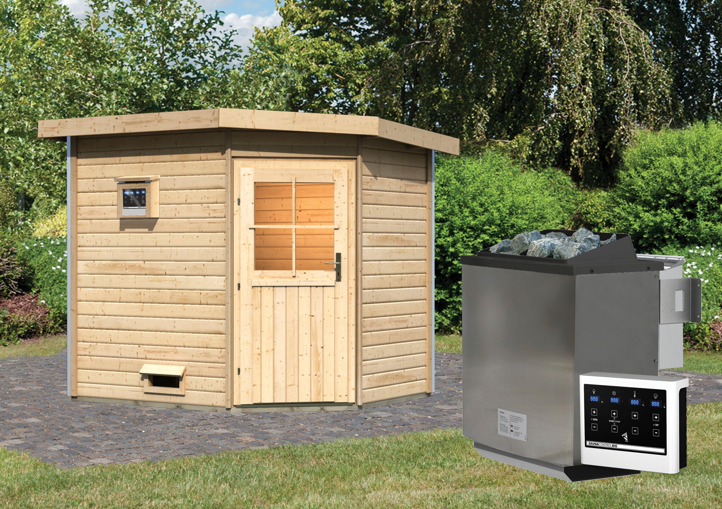 Karibu Saunahaus »Tore«, klassiche Tür, Ofen 9 kW Bio externe Strg Easy