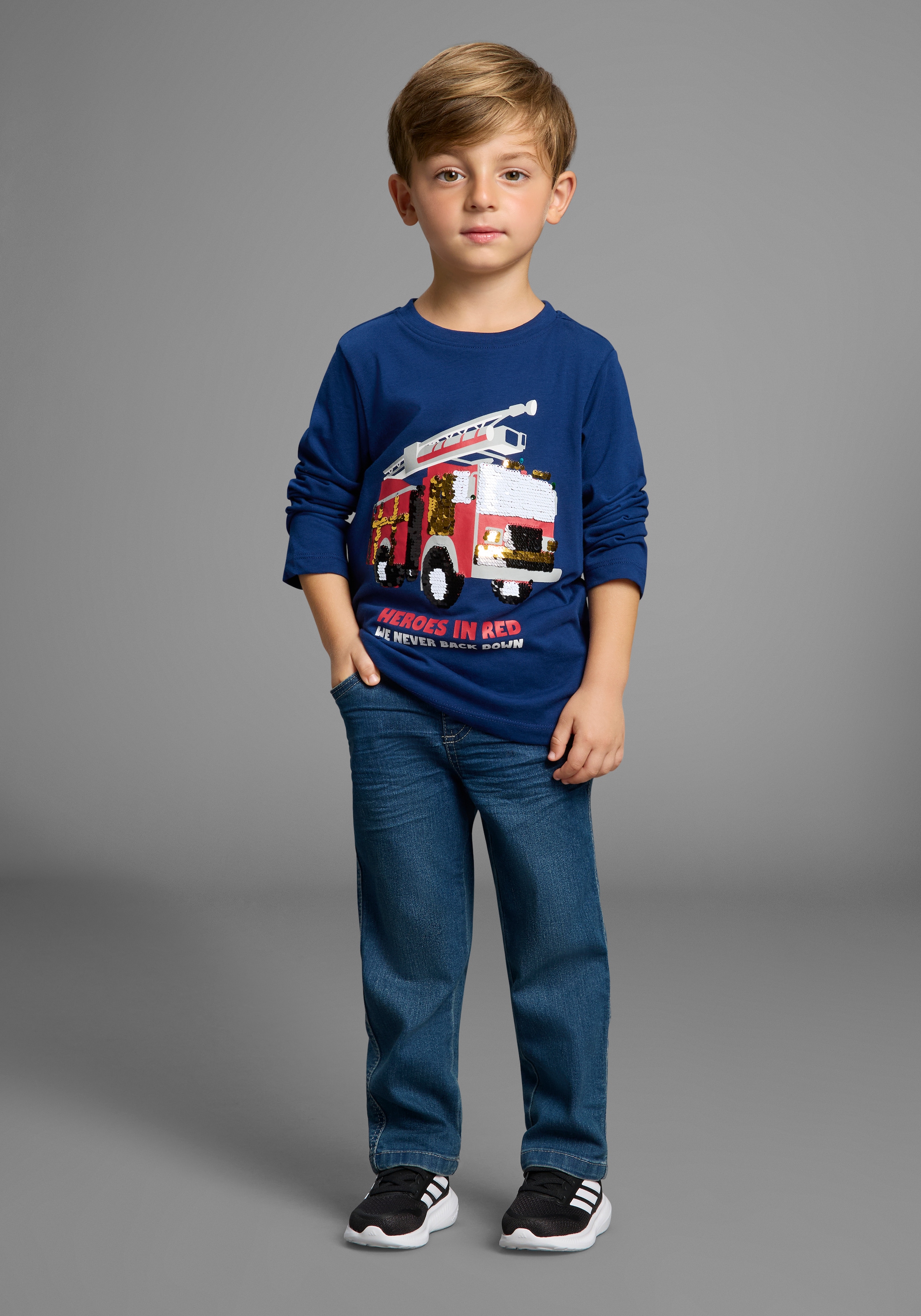 KIDSWORLD Langarmshirt »Feuerwehr Pailletten Shirt«, Feuerwehr Druck mit Pailletten