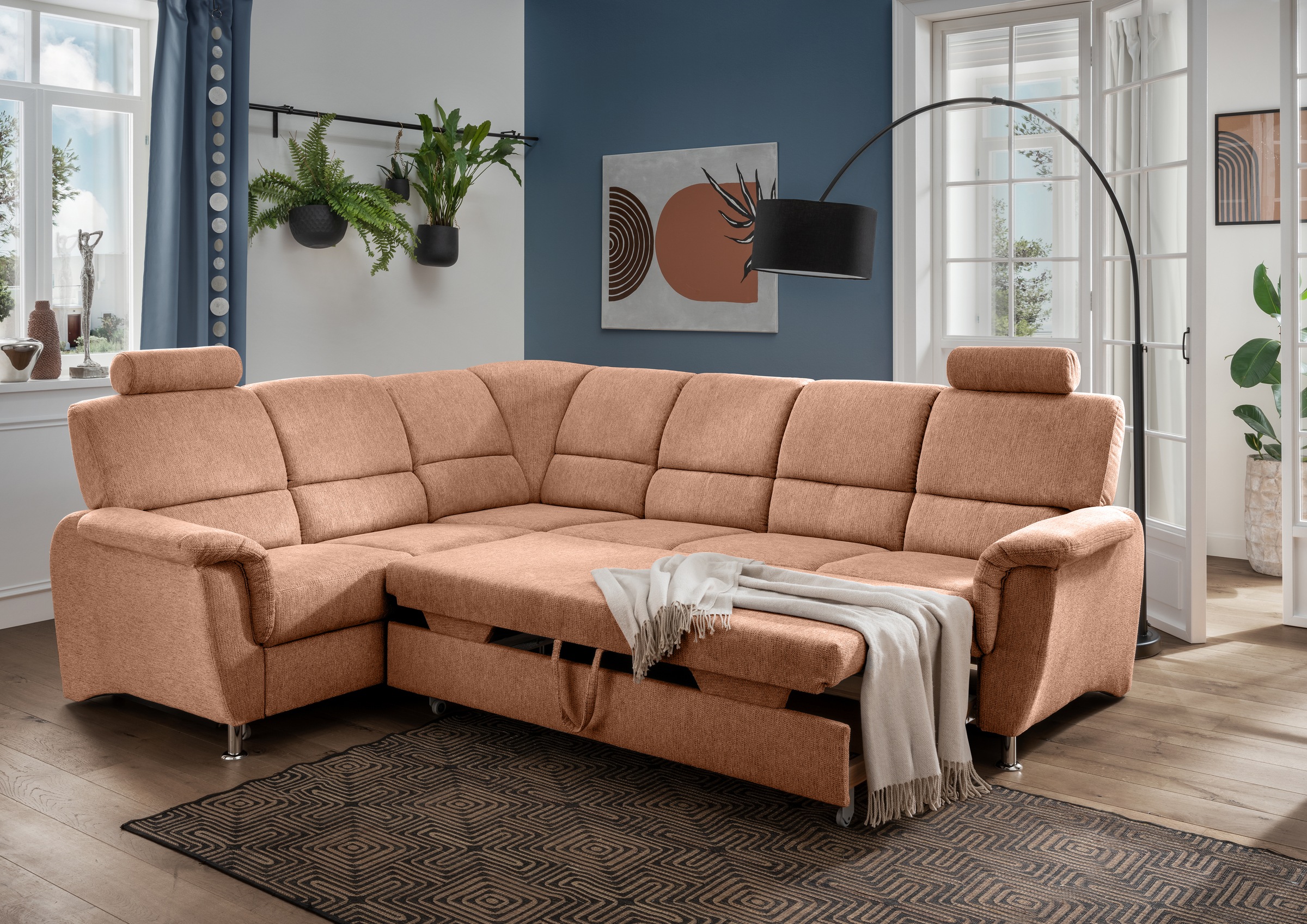 Home affaire Ecksofa »Pisa L-Form, mit Schlaffunktion, Stauraum, 2x höhenverstellbare«, Kopfstützen und Relaxfunktion im Eckelement