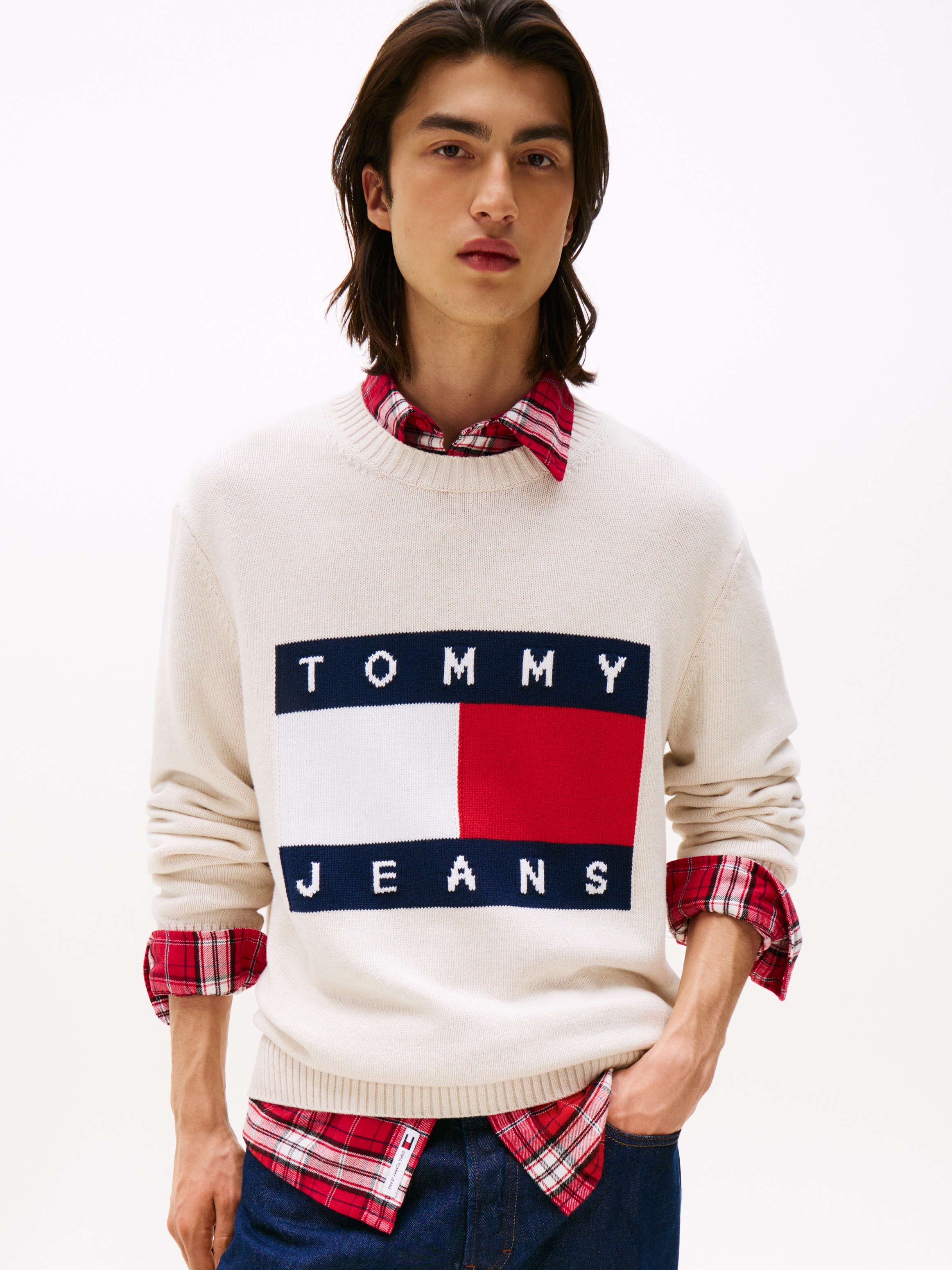 Tommy Jeans Strickpullover "TJM MELANGE FLAG SWEATER", Regular Fit, Rundhal günstig online kaufen