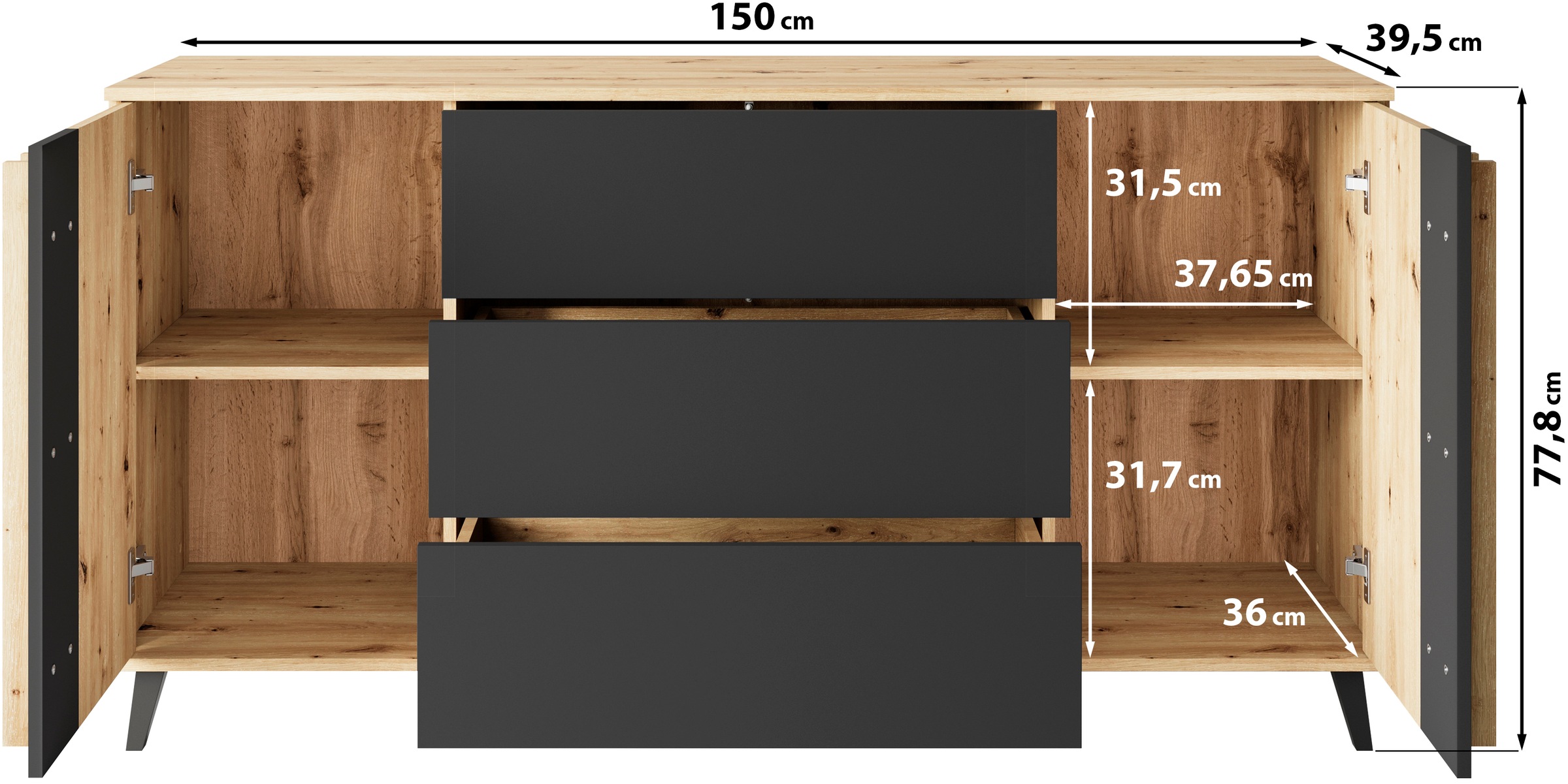 INOSIGN Sideboard »Helsinki, Kommode mit 2 Türen und 3 Schubladen, Breite 150 cm«, (1 St.), Push-to-Open-Schubladen, höhenverstellbare Einlegeböden