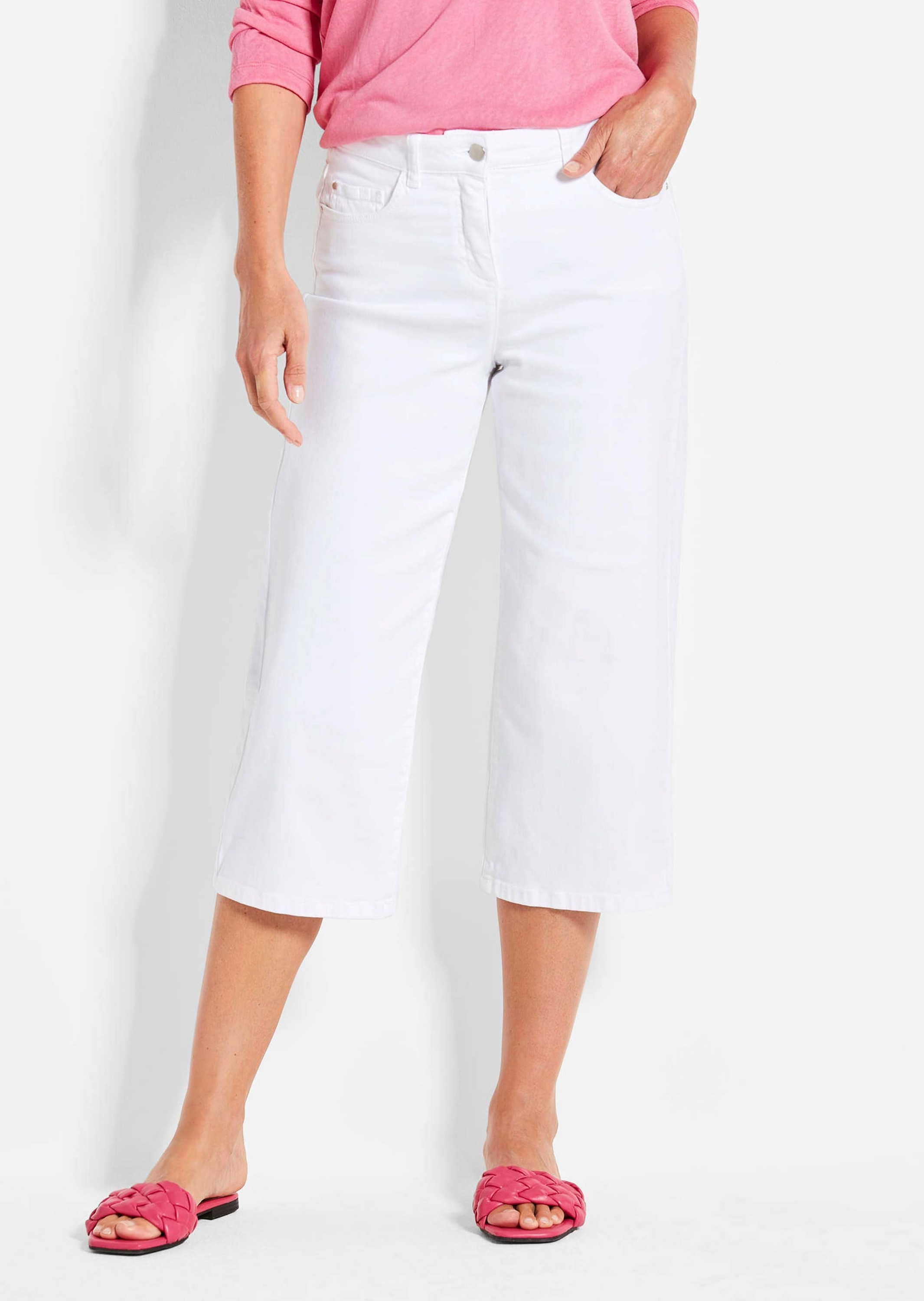 2-in-1-Hose GOLDNER "Kurzgröße Bequeme Culotte in verkürzter Länge", Damen, Gr. 21, K-Gr, weiß, Obermaterial: 97% Baumwolle CO. 3% Elasthan EL., Hosen 2
