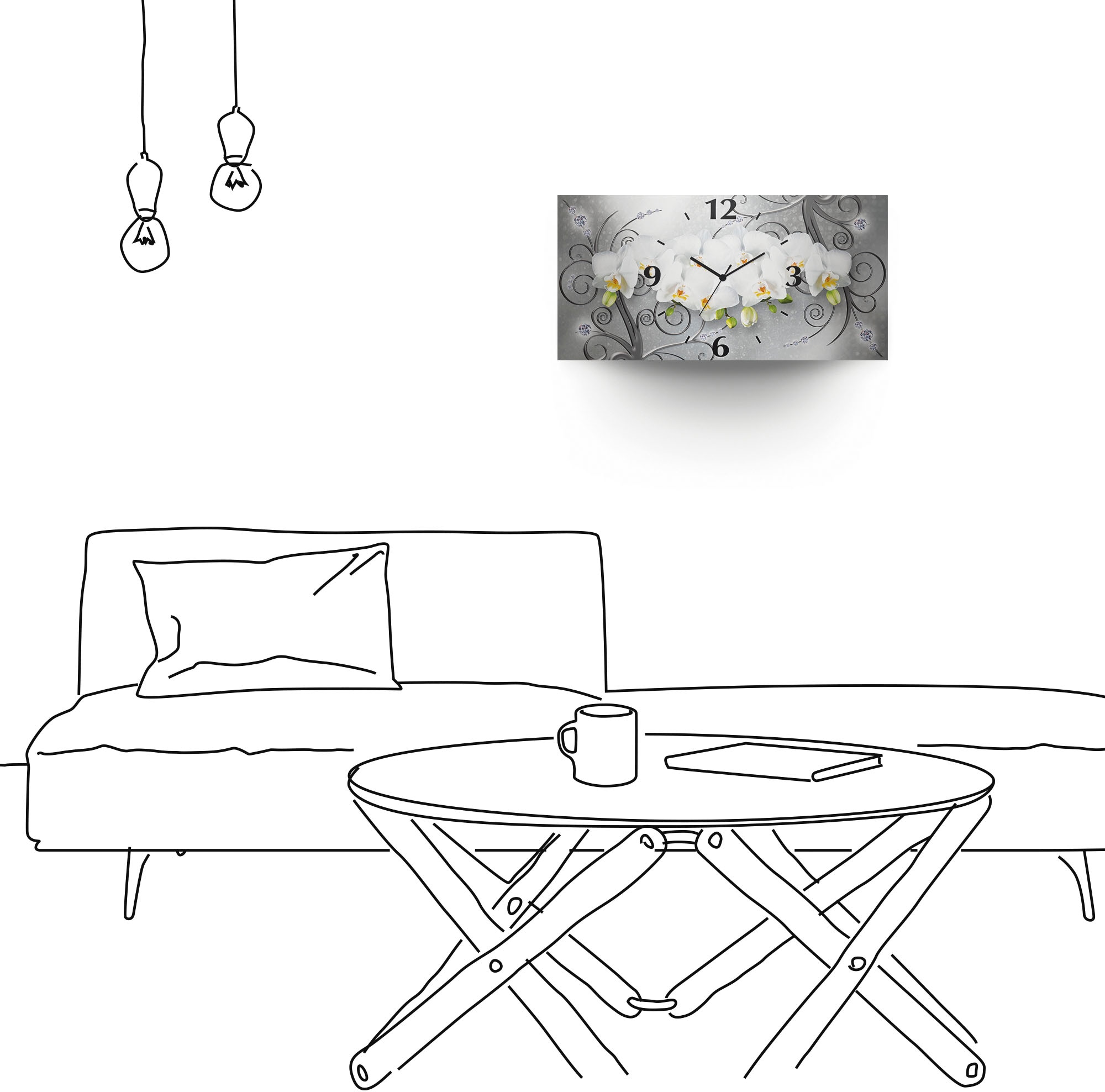 Artland Wanduhr »weiße Orchideen auf Ornamenten«, 3D Optik gebogen, mit Quarz- oder Funkuhrwerk, versch. Größen