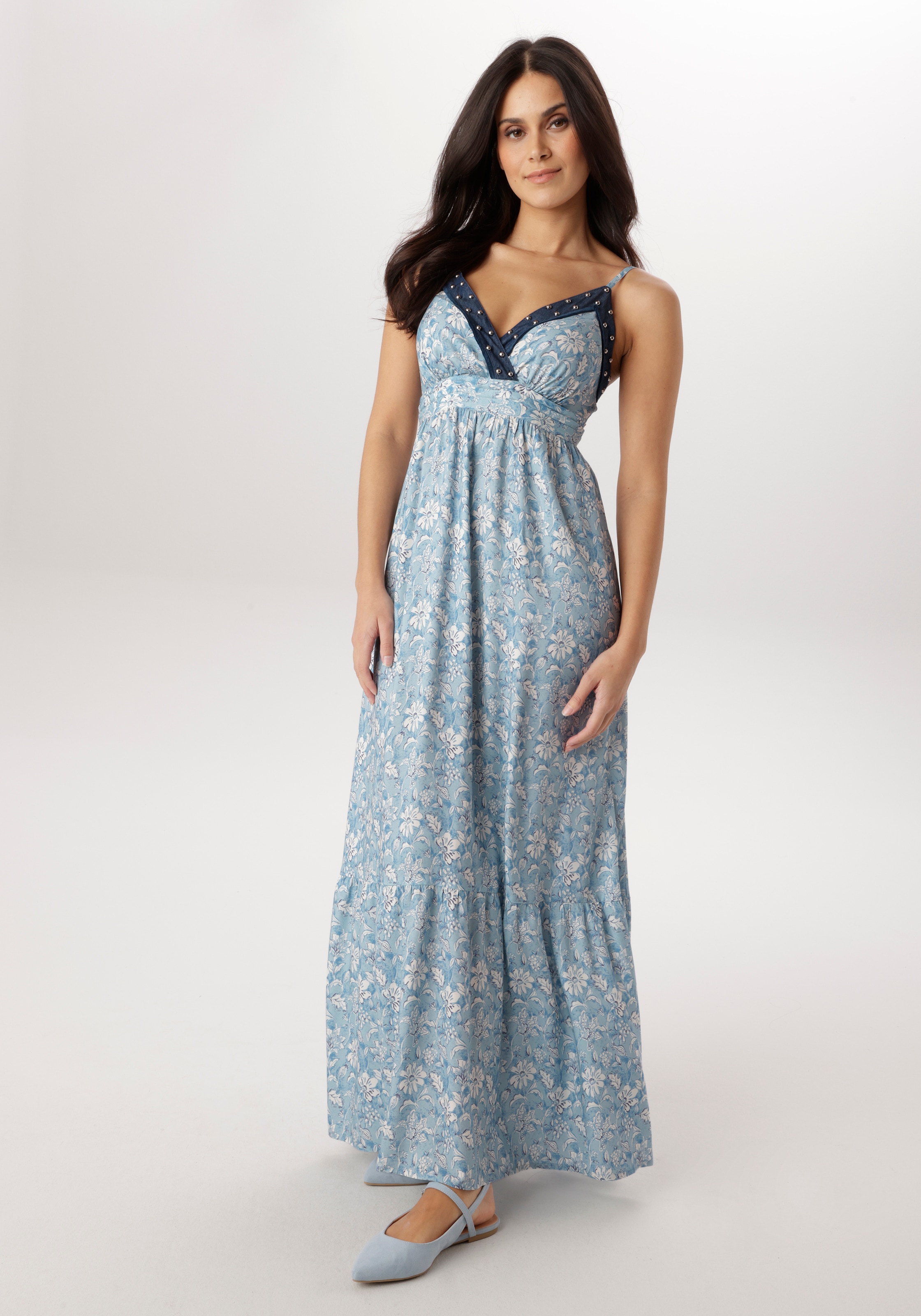 Aniston SELECTED Sommerkleid mit Jeansbesatz und aufgesetzten Nieten - NEUE KOLLEKTION