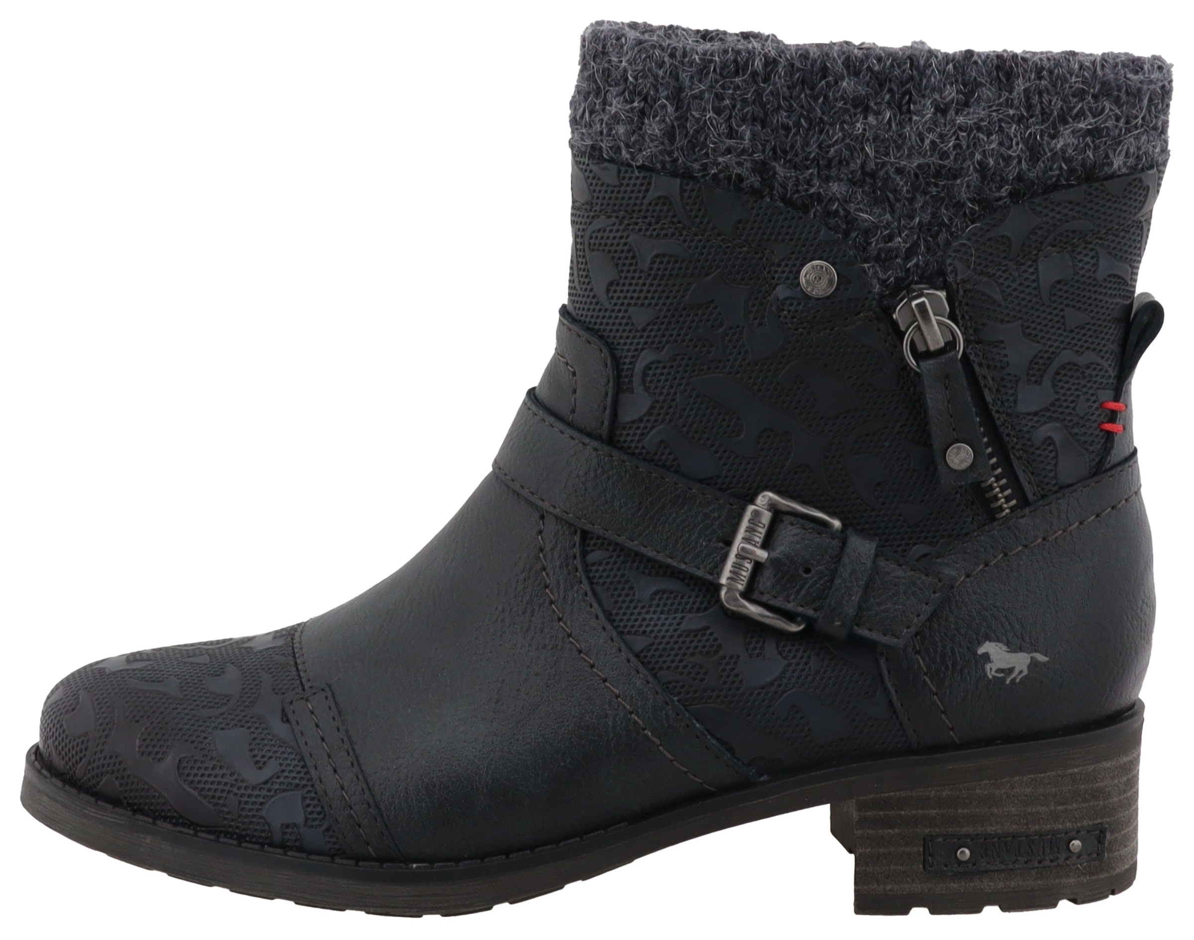 Mustang Shoes Winterstiefelette »Fabienne«, Biker Boots mit Blockabsatz und Zierriemchen
