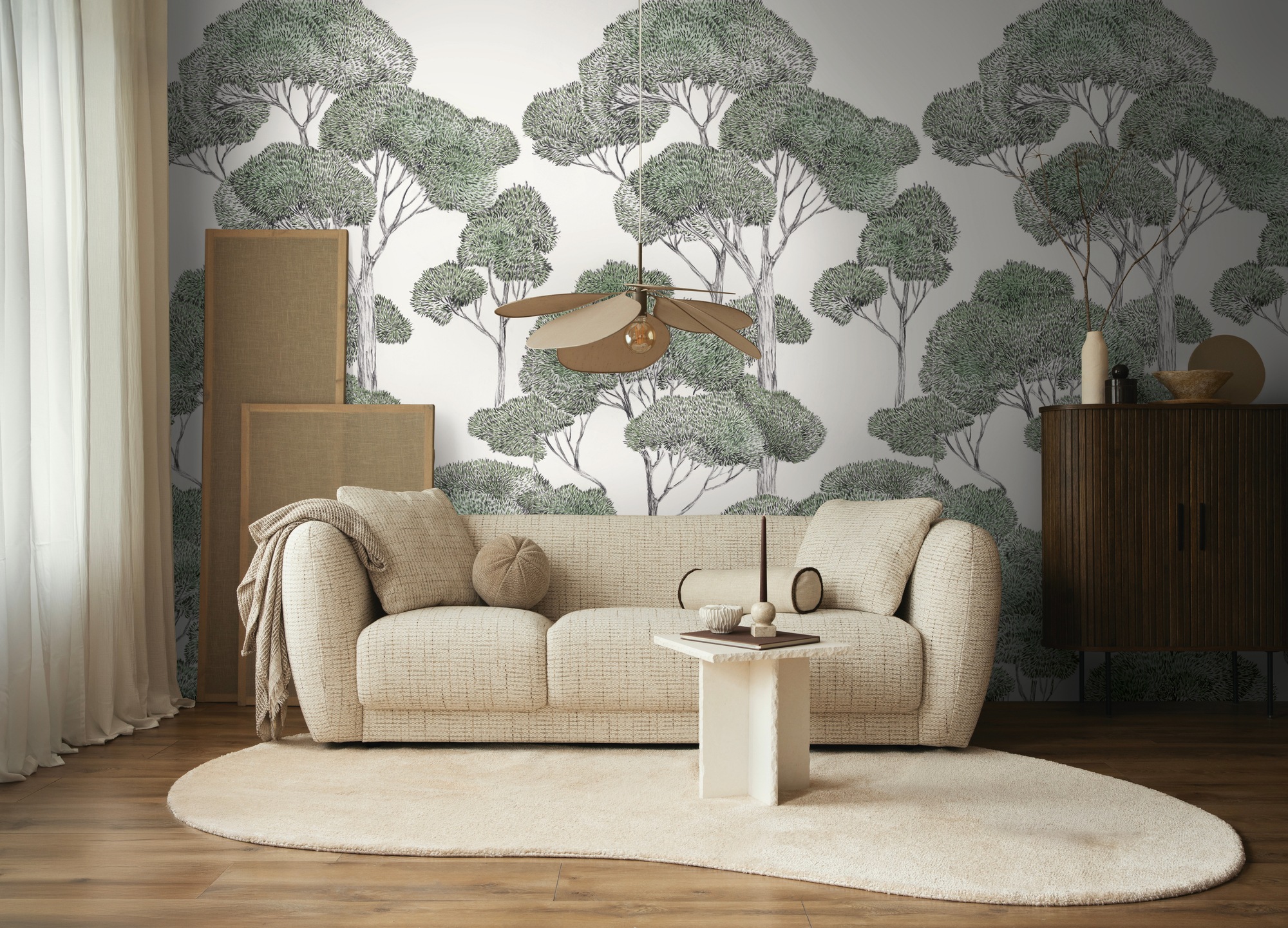 living walls Vliestapete »Vibes & Styles Silvanor – Forest Sketch Fototapete« Comic leicht strukturiert Stilisierte Baumlandschaft mit feinen Linien und ruhiger Tiefenwirkung