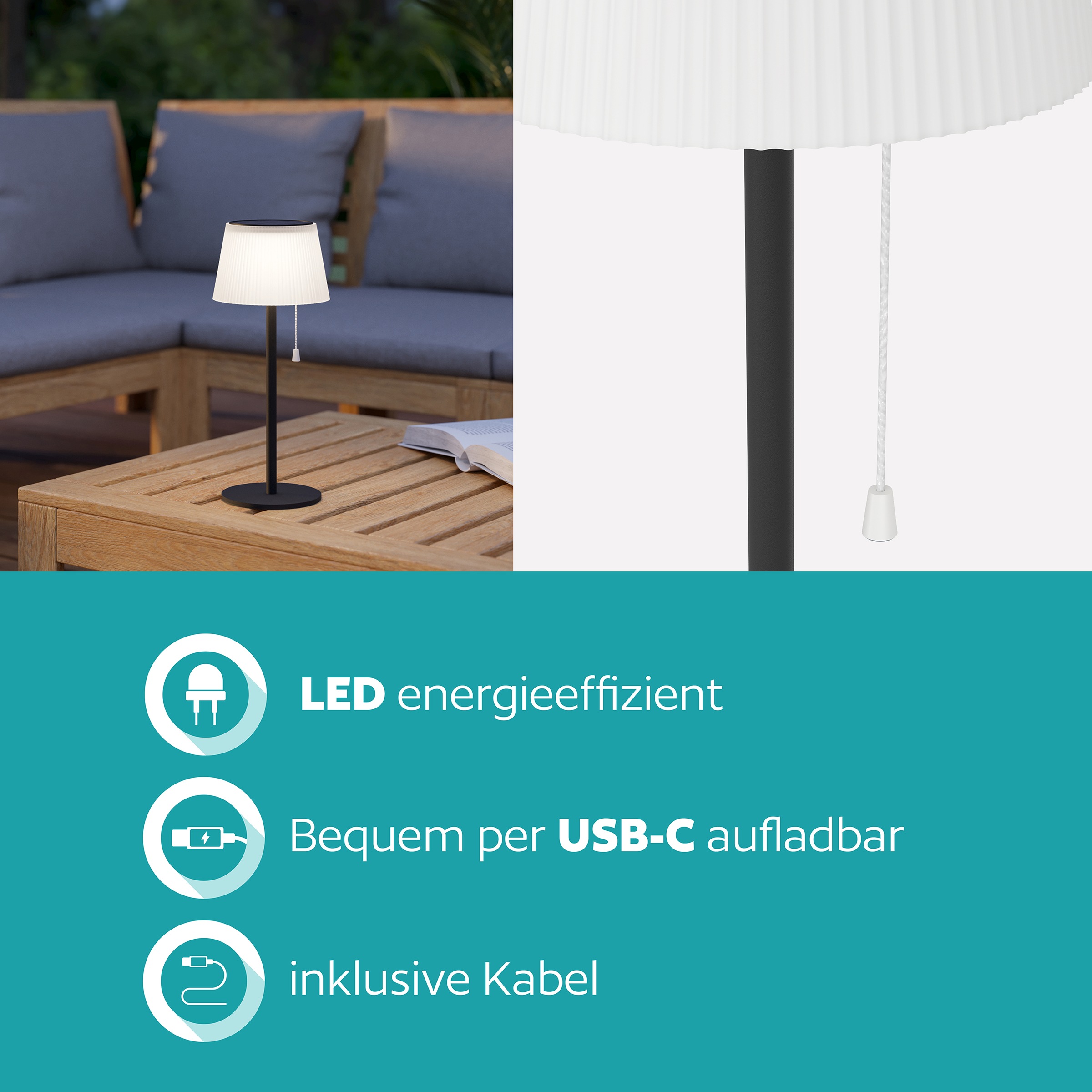 EGLO Tischleuchte »SCORDIANO Tischlampe - Stahl - SOLAR-LED - 2,3W - IP44« LED-Modul 1 Stk. Kaltweiß | Neutralweiß | Warmweiß Solarleuchte, Außentischleuchte, Akku, Leselampe, H38 x Ø13 cm