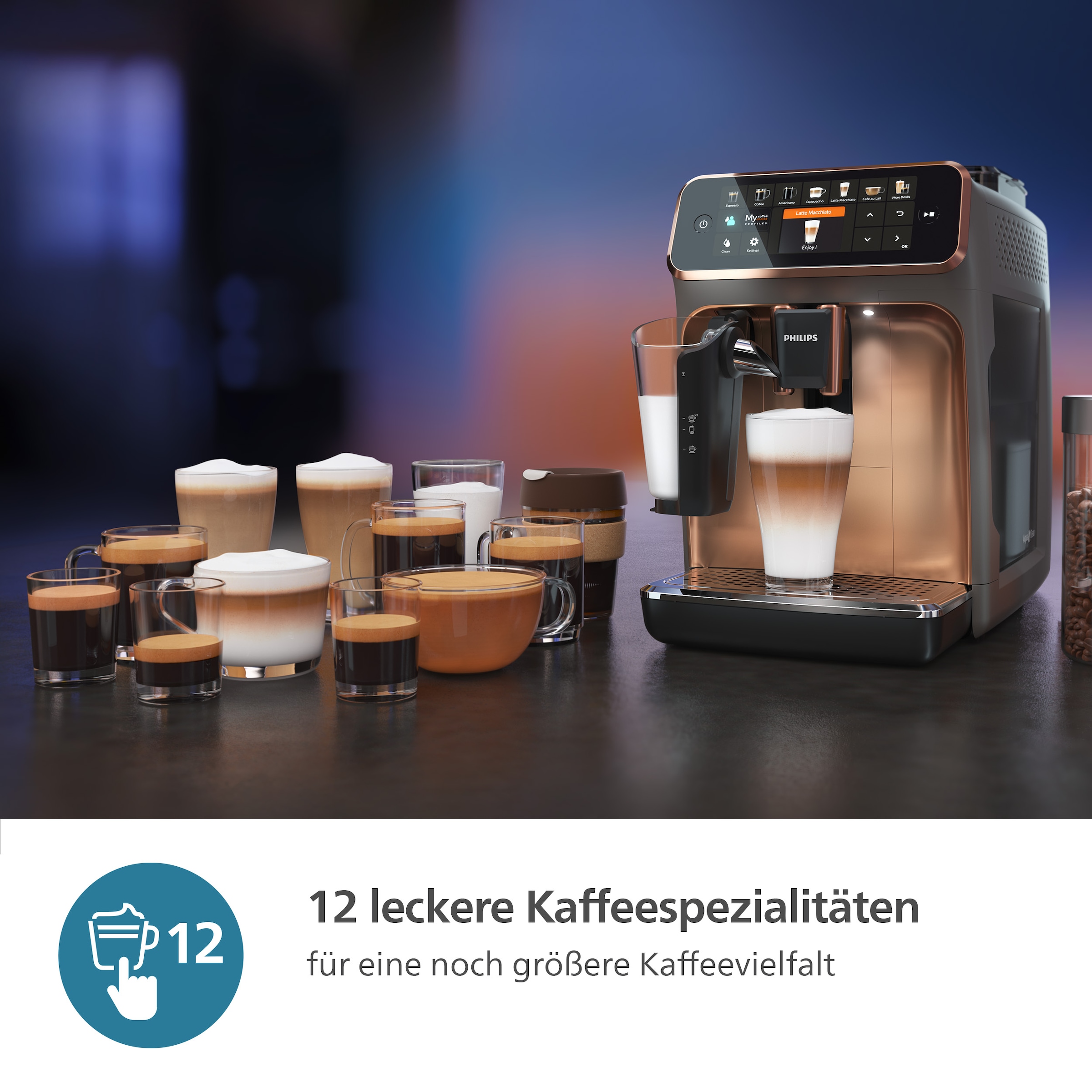 Philips Kaffeevollautomat »5400 Series EP5144/70, mit LatteGo-Milchsystem«, 12 Kaffeespezialitäten und 4 Benutzerprofilen; Grau/Kupfer verchromt