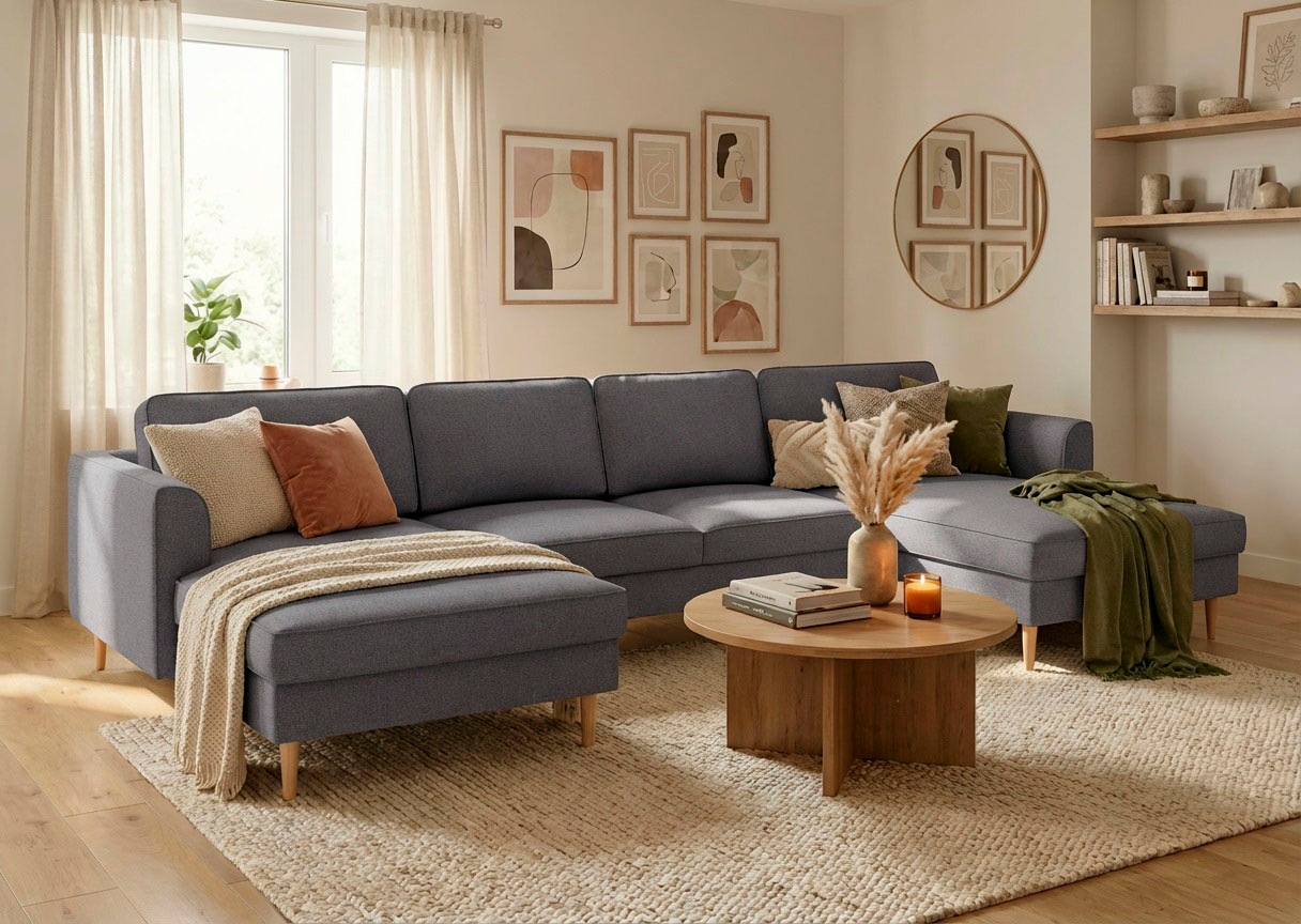 Home affaire "Booster, whlw. mit Schlaffunktion & Bettkasten, Fuß Buche lackiert" Sofa in U-Form, Breite 305 cm, in Cord oder Struktur