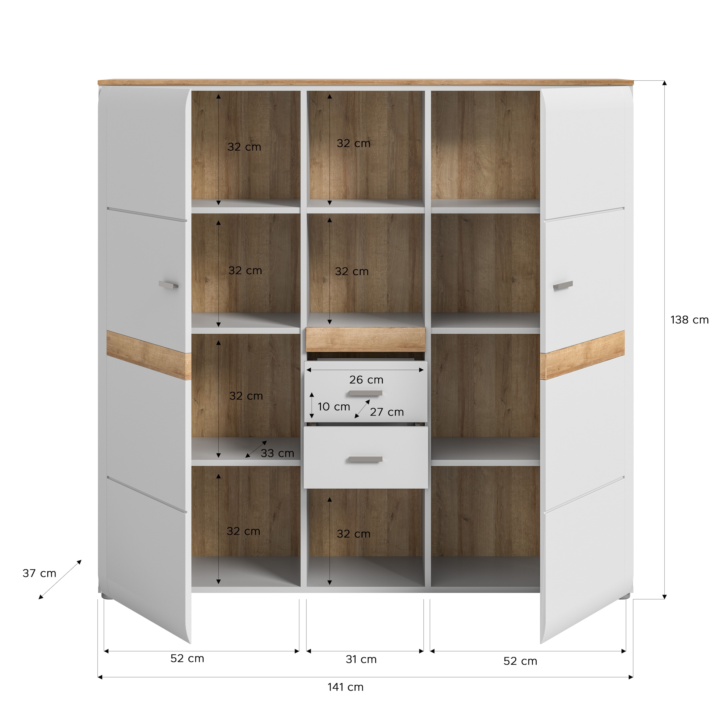 INOSIGN Highboard »Aska, Höhe 138cm, Metallgriffe, 2 Türen, 2 Schubkästen,3 offene Fächer«, (1 St.), Matte Optik, 2-farbig, Anrichte, Schrank, Kommode, Midischrank
