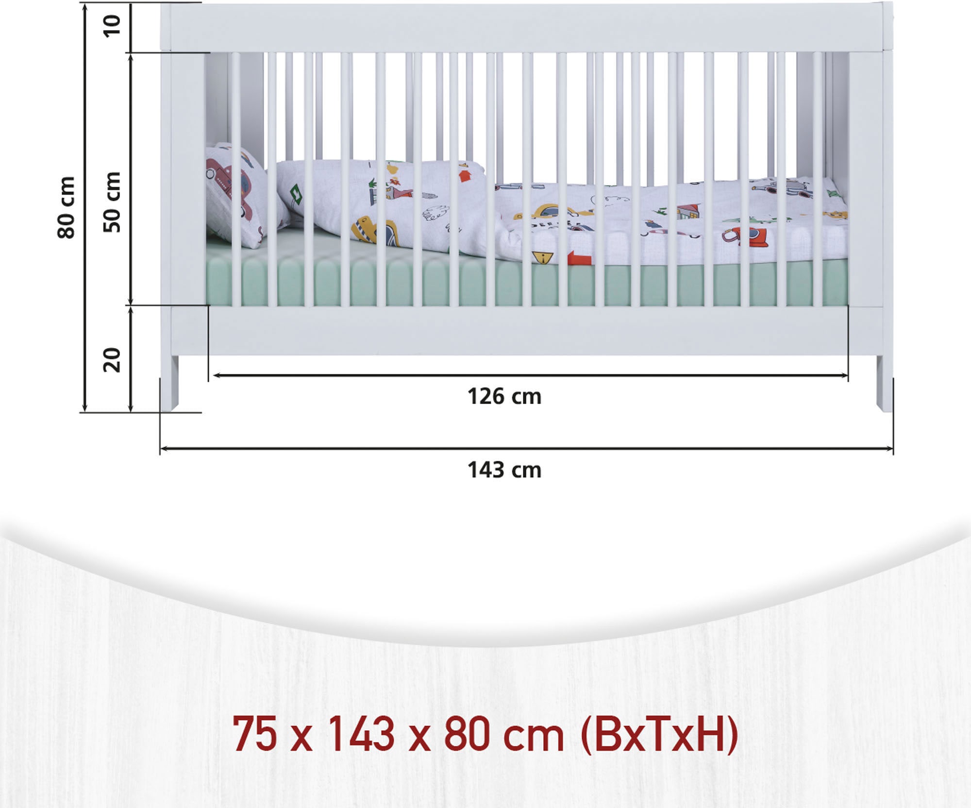Tommy Jeans Babybett »Pinora, 70x140 cm, Teilmassiv Fichte, 3 herausnehmbare Schlupfsprossen« 1 tlg. Inkl. höhenverstellbarem Lattenrost, mit Rausfallschutz umbaubar