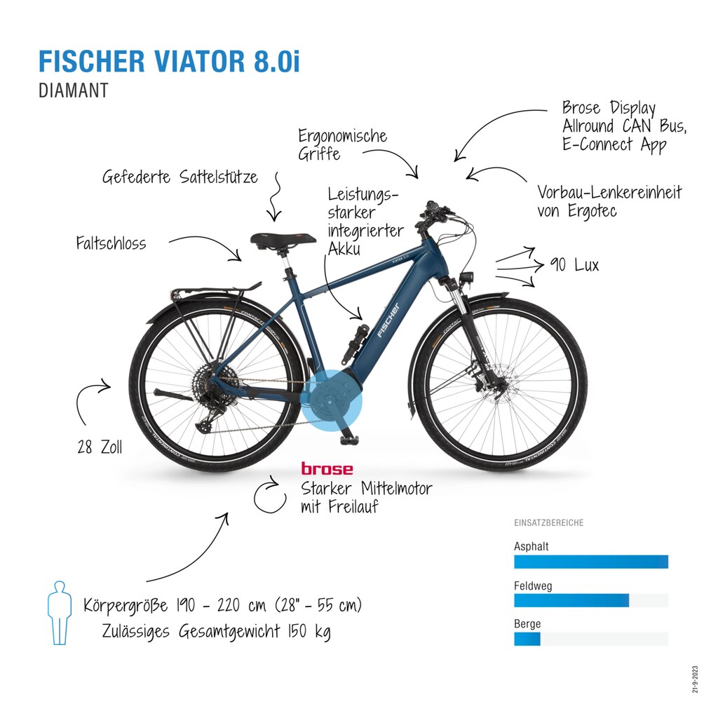 FISCHER Fahrrad E-Bike »VIATOR 8.0I 711 55«, 12 Gang, SX 11-50 Kettenschaltung, (mit Faltschloss)