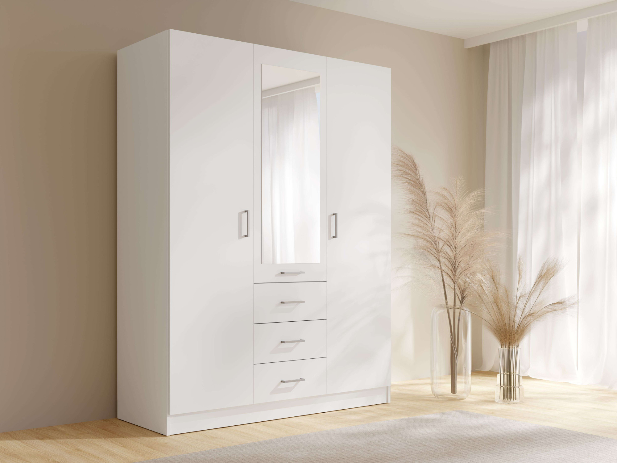 OTTO home Kleiderschrank "KOS Garderobe mit 3 Schubladen, Kleiderstange, 4 Einlegeböden, Spiegel" Wäscheschrank mit 3 Drehtüren, silber Griffen, Maße B/H/T 150/200/58cm