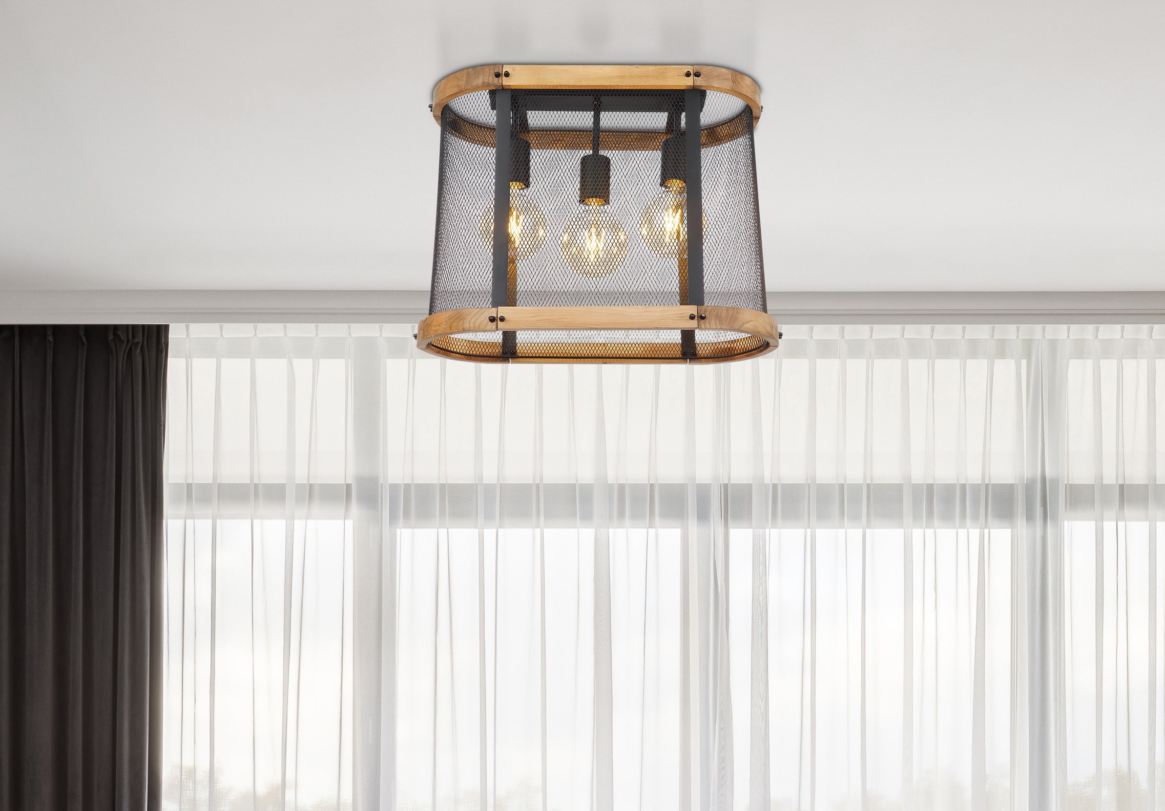 GLOBO LIGHTING Deckenleuchte »JEANIE«, Leuchtmittel E27 | ohne Leuchtmittel, Deckenlampe/Holz/schwarz/Wohnzimmer/Metallgeflecht