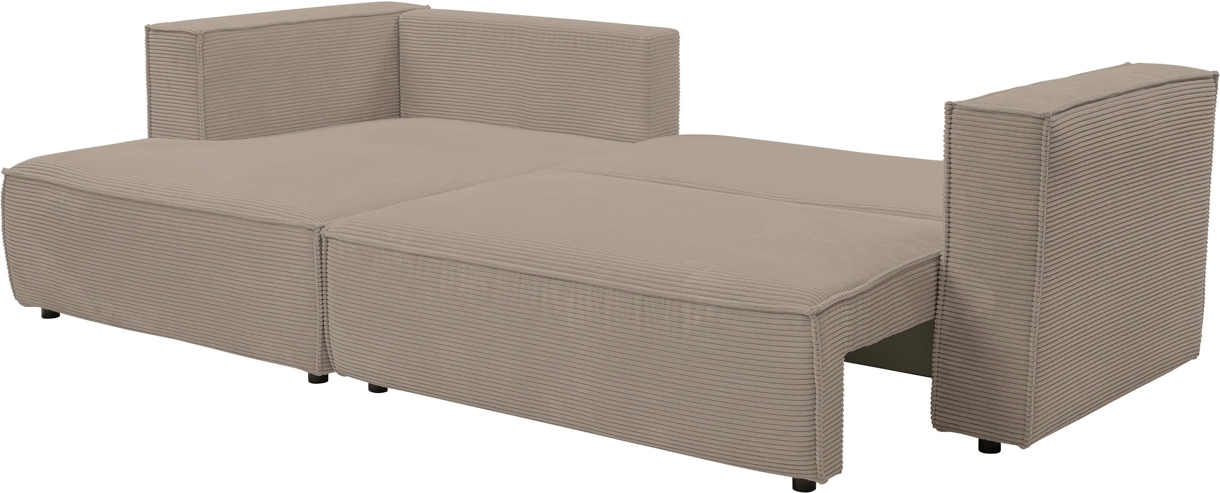 WERK2 Ecksofa »Atlanta-New, modernes Design, Stellmaße 280x147cm, L-Form, Kedernaht«, hoher Komfort, Schlaffunktion & Bettkasten, Cord, Greige