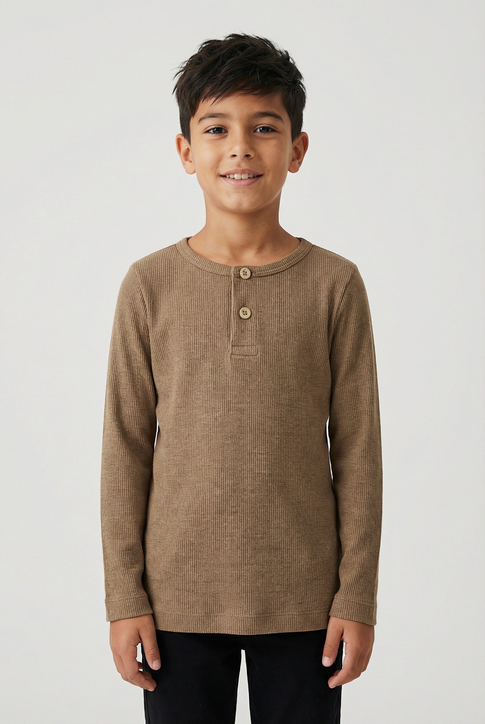 Langarmshirt NAME IT "NMMKAB LS TOP NOOS", Jungen, Gr. 92, toasted coconut, Feinripp, Obermaterial: 57% Baumwolle, 38% Modal, 5% Elasthan, unifarben, normal normal, Rundhals, abgesteppte Kante, Shirts Langarmshirt, Im Henley-Stil - mit kurzer Knopfleise, 