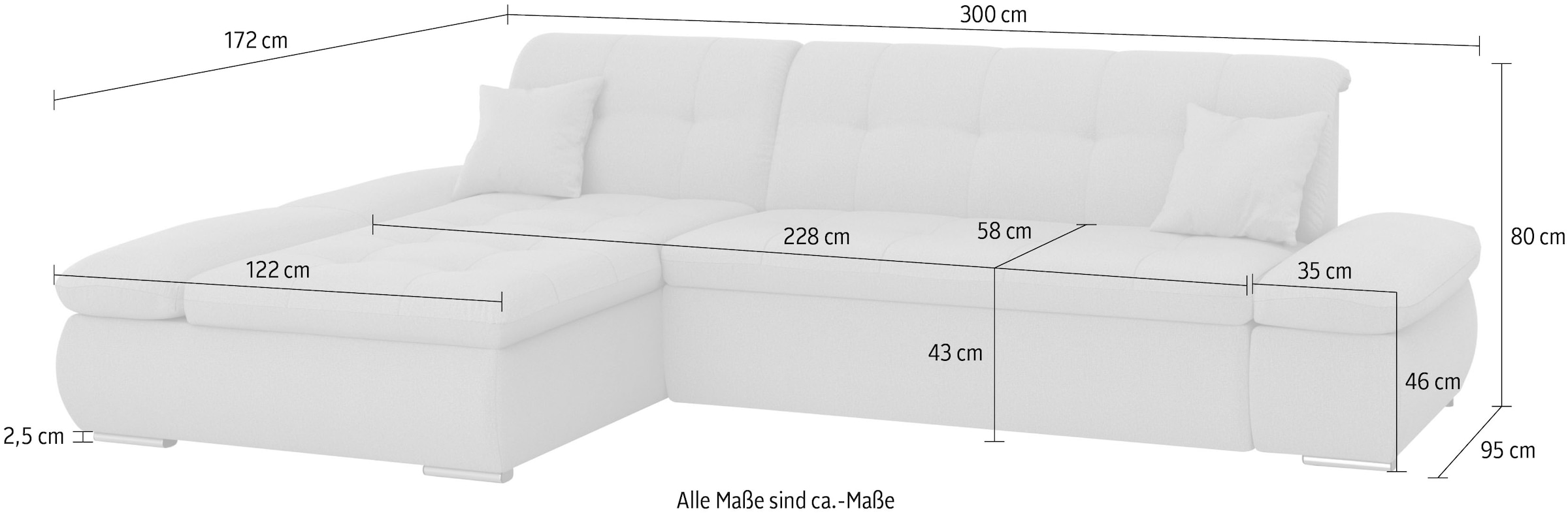 DOMO collection Ecksofa »Moric, L-Form, XXL-Sofa - Breite 300cm«, wahlweise mit Bettfunktion und Armteilverstellung, grau-silber