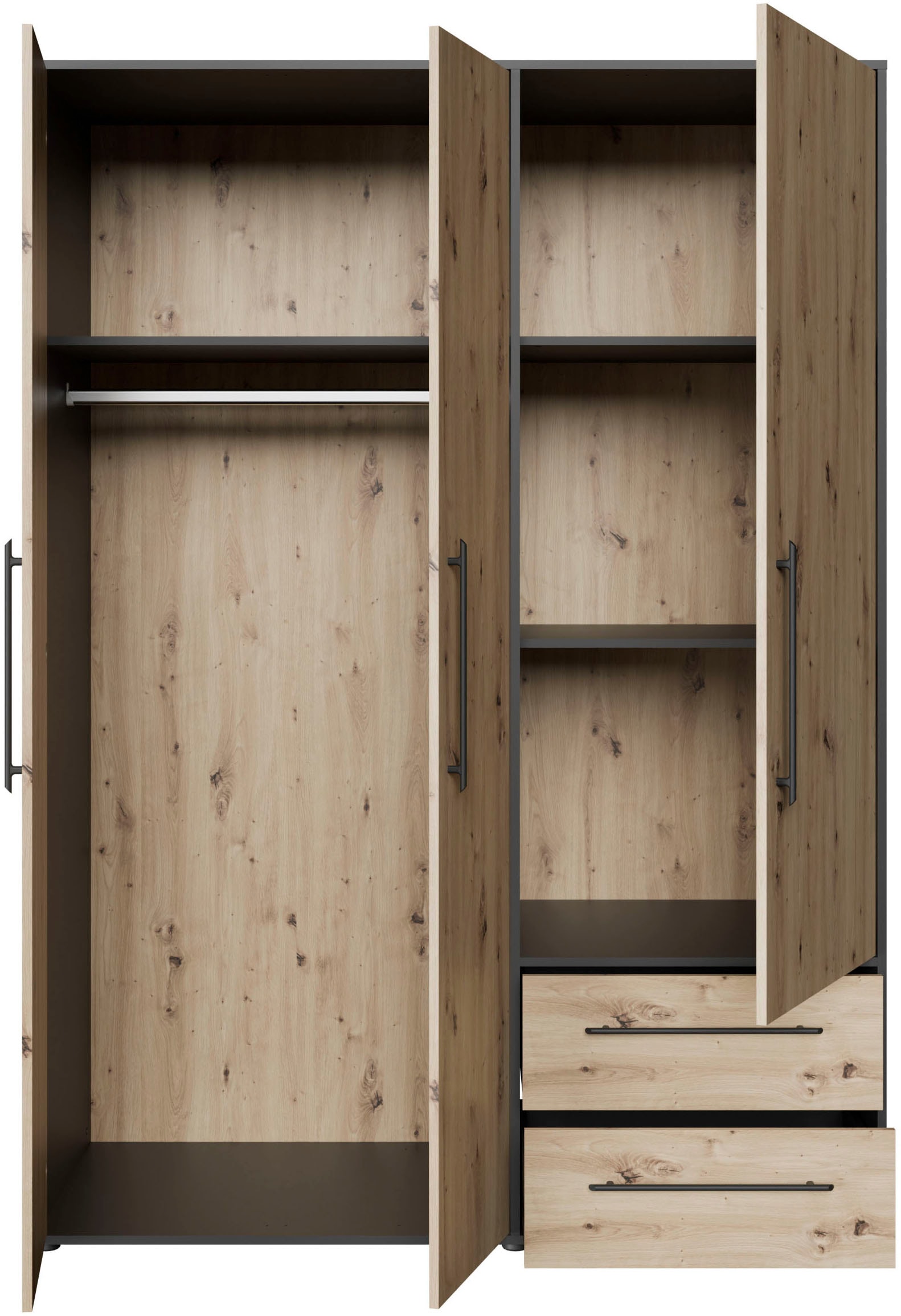 FORTE Drehtürenschrank »Mokkaris, TOPSELLER! 3 oder 4 Türen, zeitloses Design«, (BHT ca. 145x200x59cm oder BHT ca. 206x200x59cm), Schubladen + schwarze Stangengriffe, Made in Europe, viel Stauraum
