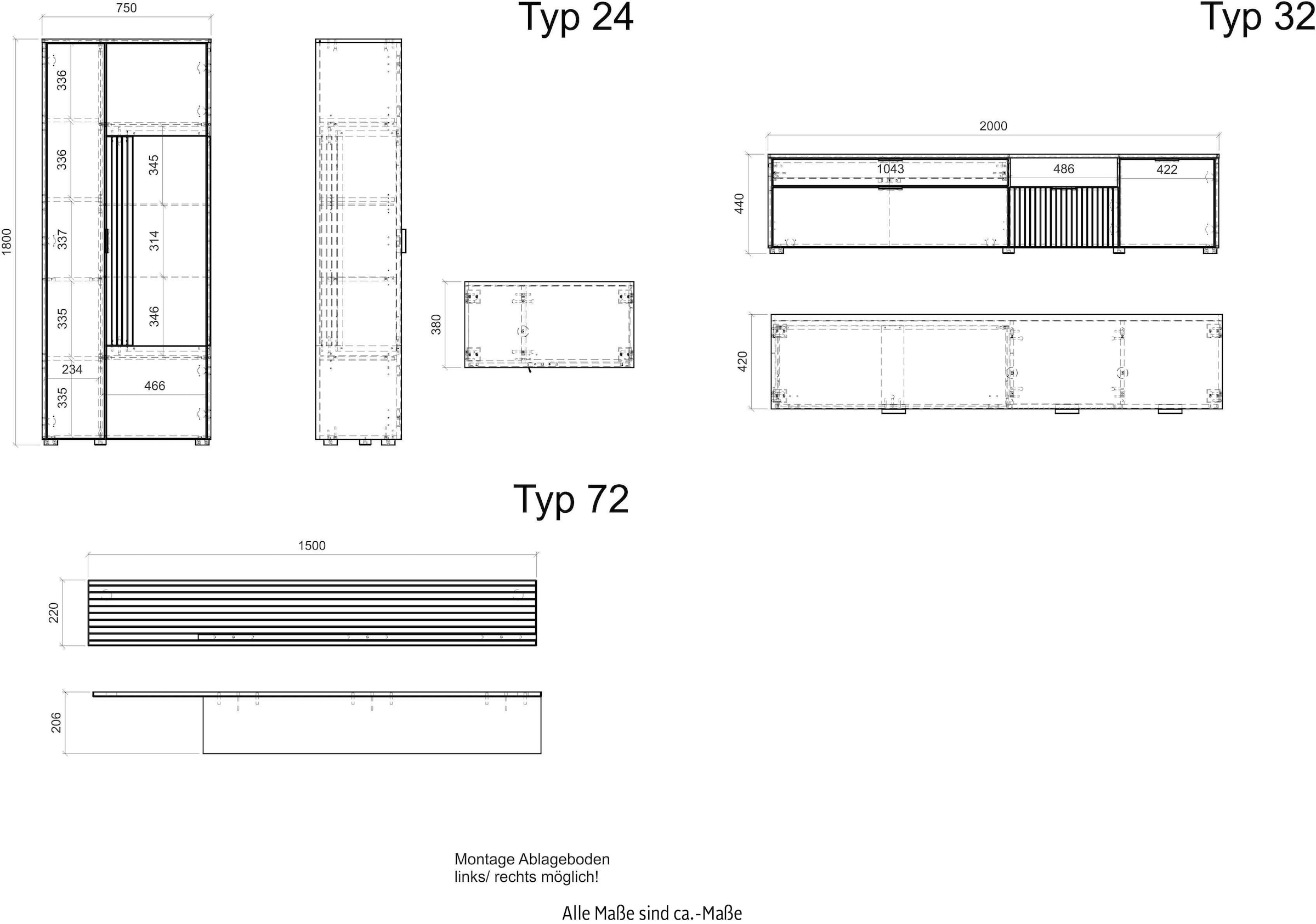 INOSIGN Wohnwand »HUDSON«, (Set, 3 St.), mit moderner Rillenoptik, Griffe aus Metall (Schwarz), Breite 285 cm