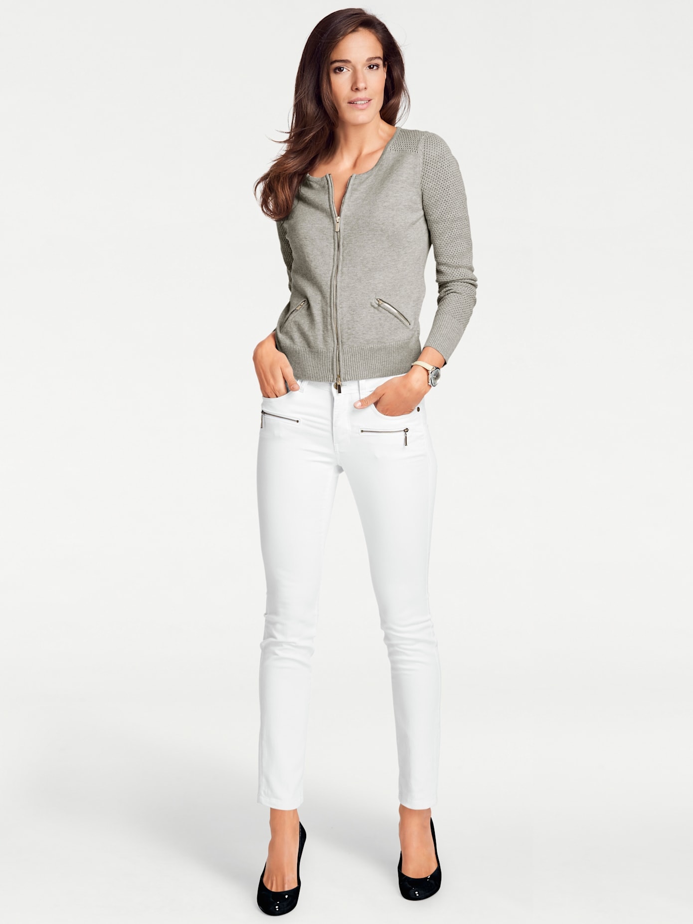 Cardigan HEINE, Damen, Gr. 50, grau (grau, meliert), 90% Baumwolle, 10% Seide, unifarben, Strickjacken
