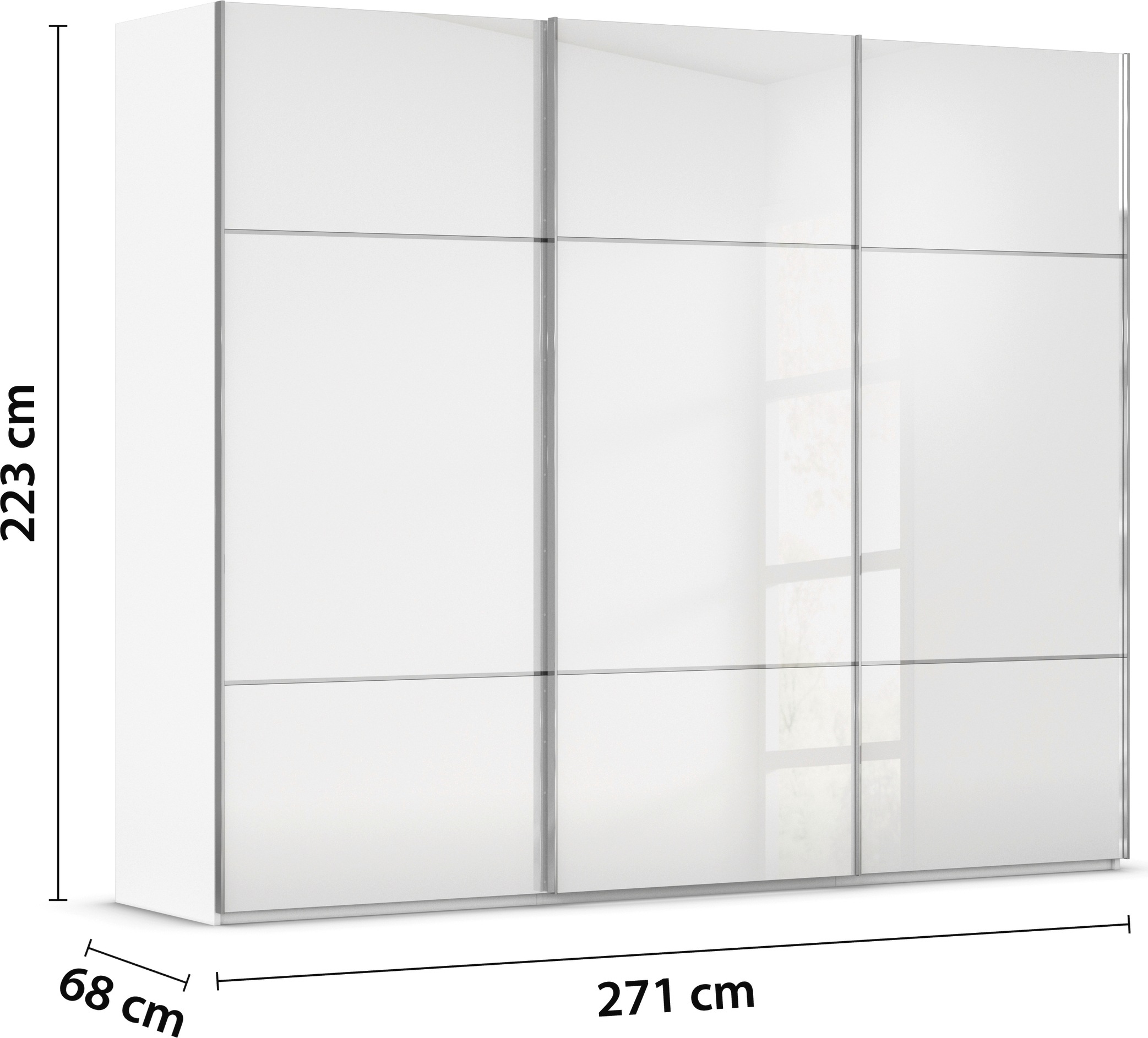 rauch Schwebetürenschrank »Kleiderschrank Schrank Garderobe Schlafzimmerschrank SCALE-TRIO«, edle dreigeteilte Front mit 2 Zierleisten Glasfront MADE IN GERMANY