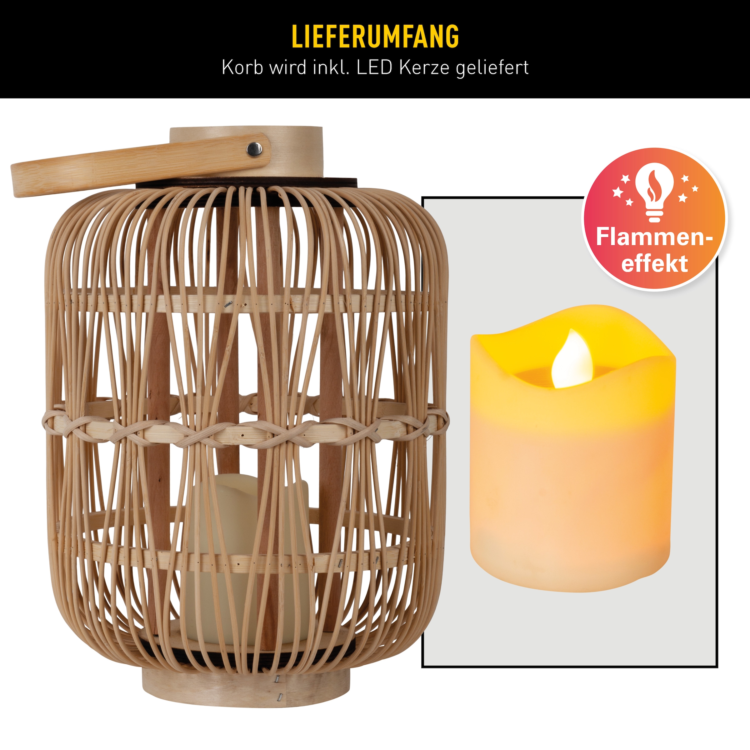 näve LED Dekolicht »Korbinian«, 1 flammig, Rattankorb natur mit Griff inkl. 1x LED-Kerze warmweiß, Timer, IP20