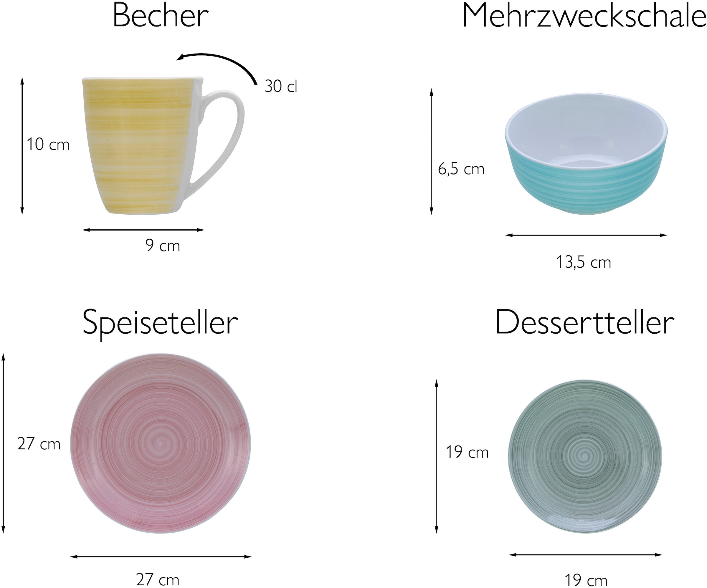 CreaTable Kombiservice »Geschirr-Set Pastello«, (Set, 16 tlg., Kaffeeservice und Tafelservice im Set, für 4 Personen), Service, handgemalte Spirale, 16 Teile, für 4 Personen