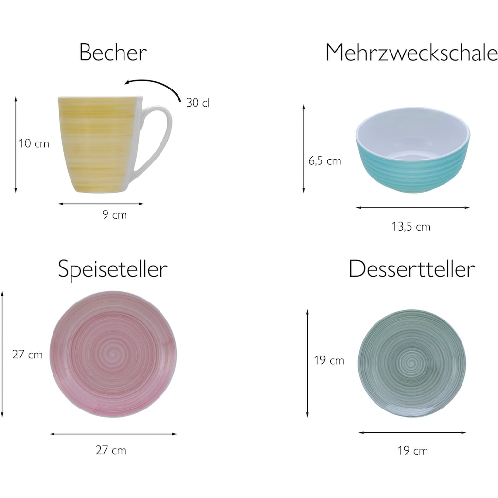 CreaTable Kombiservice »Geschirr-Set Pastello«, (Set, 16 tlg., Kaffeeservice und Tafelservice im Set, für 4 Personen)