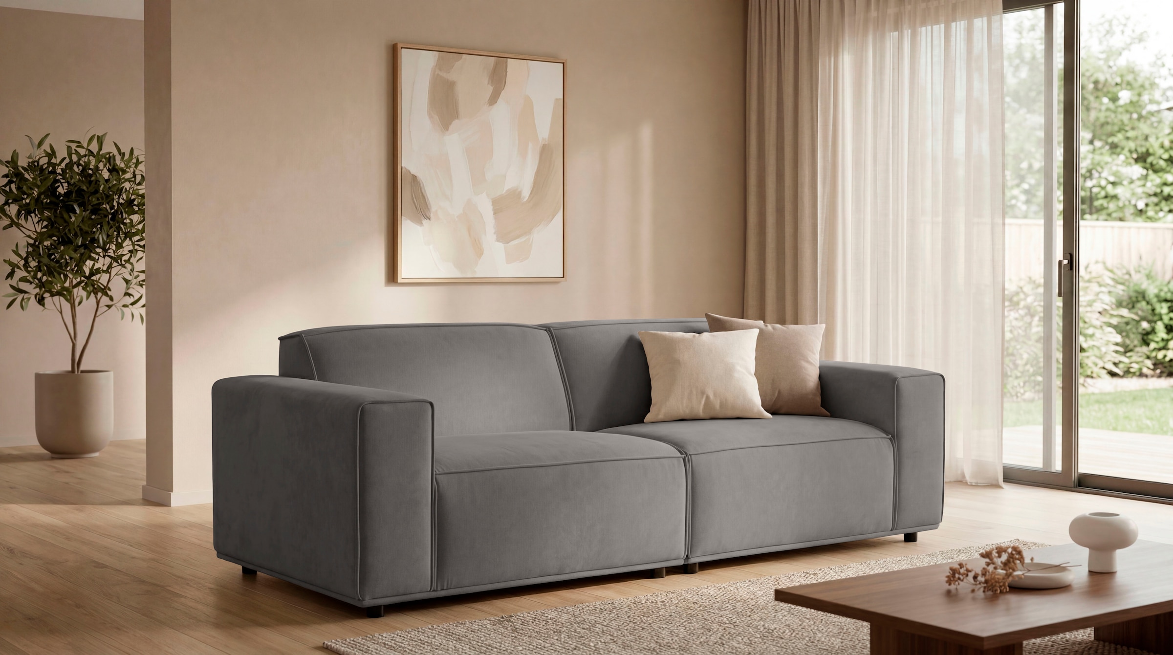 OTTO home 3-Sitzer "Avelin, 228 cm, Chenille, Struktur-Boucle" mit Wellenunterfederung, Kedernaht, bodentief, Skandi-Design