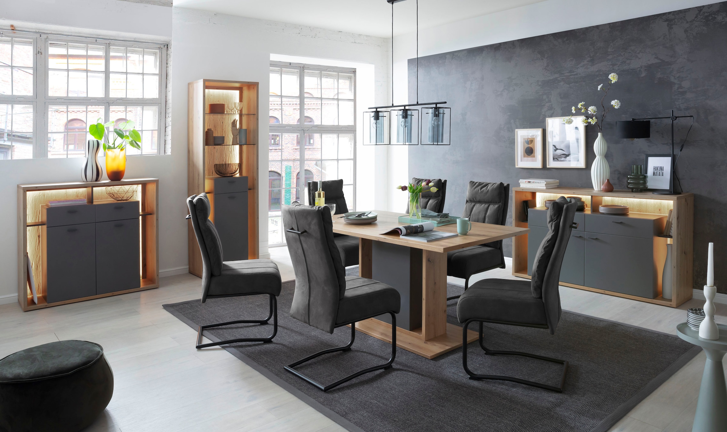 MCA furniture Highboard »Lizzano«, Wohnzimmerschrank mit 3-D Rückwand, wahlweise mit Beleuchtung
