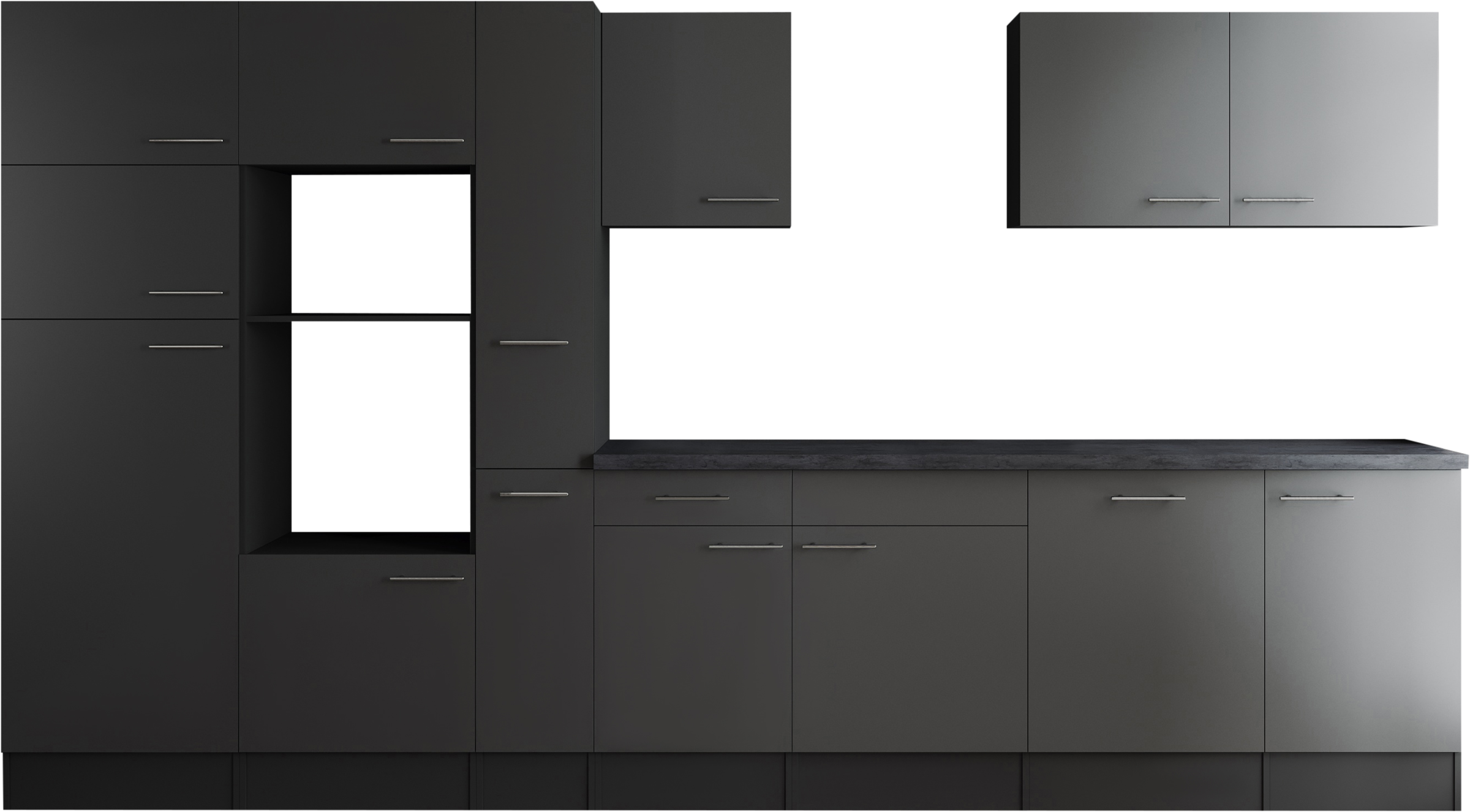 Küchenzeile RESPEKTA, B:370cm H:205cm T:60cmküche: grau, front: grau, korpus: grau matt, arbeitsplatte: granit optik, Komplettküchen-Sets, "Oliver",