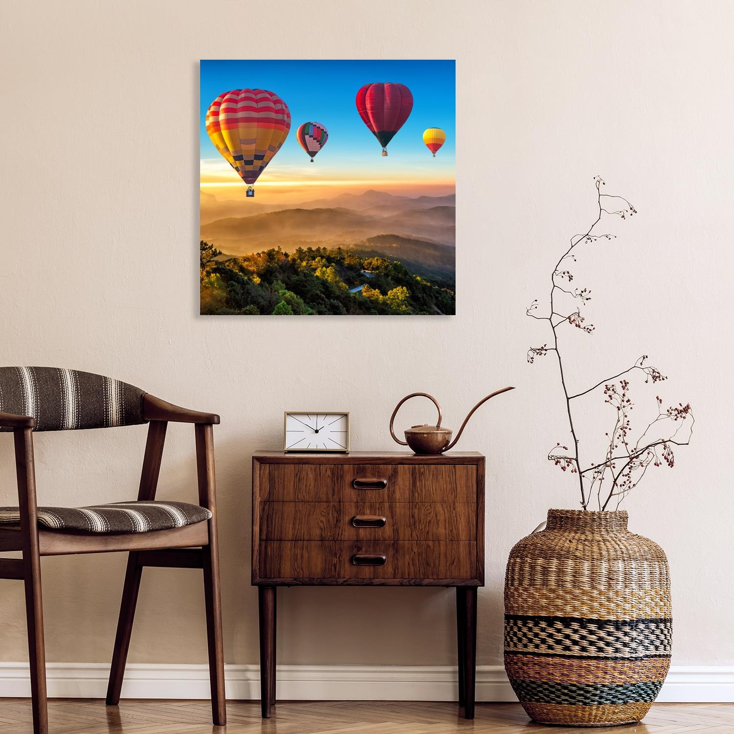 queence XXL-Wandbild "Akustikbild Landschaft mit Heißluftballons", Ballonfa günstig online kaufen
