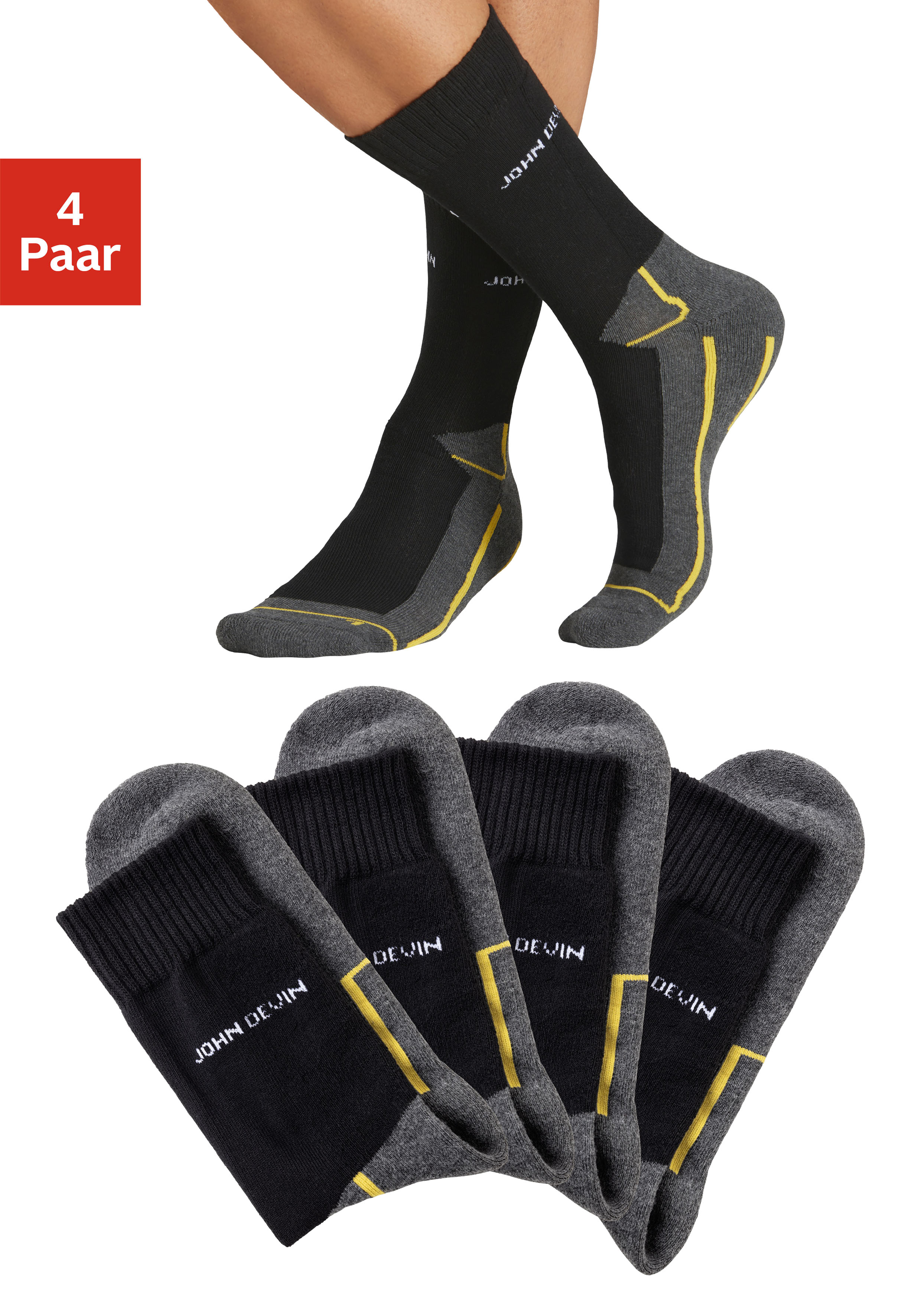 John Devin Funktionssocken "Herrensocken mit Komfortbündchen" Packung, 4 Stk. tlg. mit Sohlen über Zehen und hoch Fersenplüsch